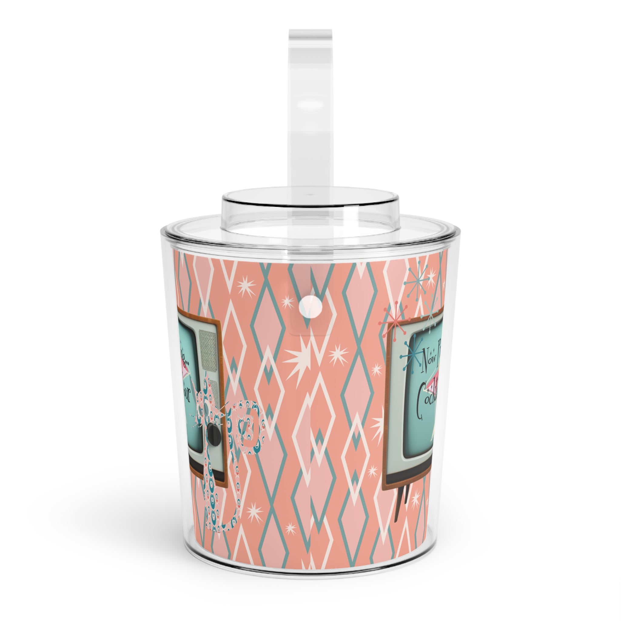 Mid Century Modern Barware, Atomic Cat, Now Presenting Cocktail Hour, Kitschy 50s Designed, Retro Ice Bucket with Tongs - Mid Century Modern Gal