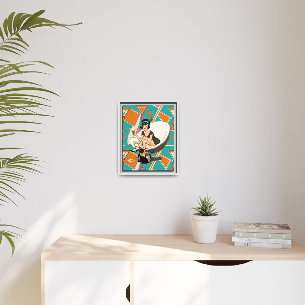 Framed matte canvas wall art featuring a vintage cocktail and retro cat design in vibrant 60s colors, perfect for mid-century decor.