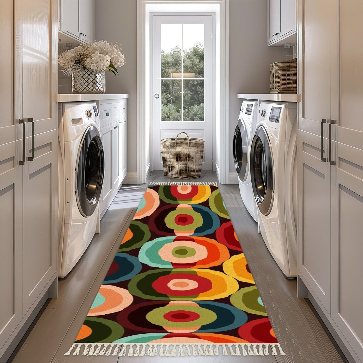 Mid Century Modern Boho Retro Orb Colorful Funky Tassel Rug - Mid Century Modern Gal