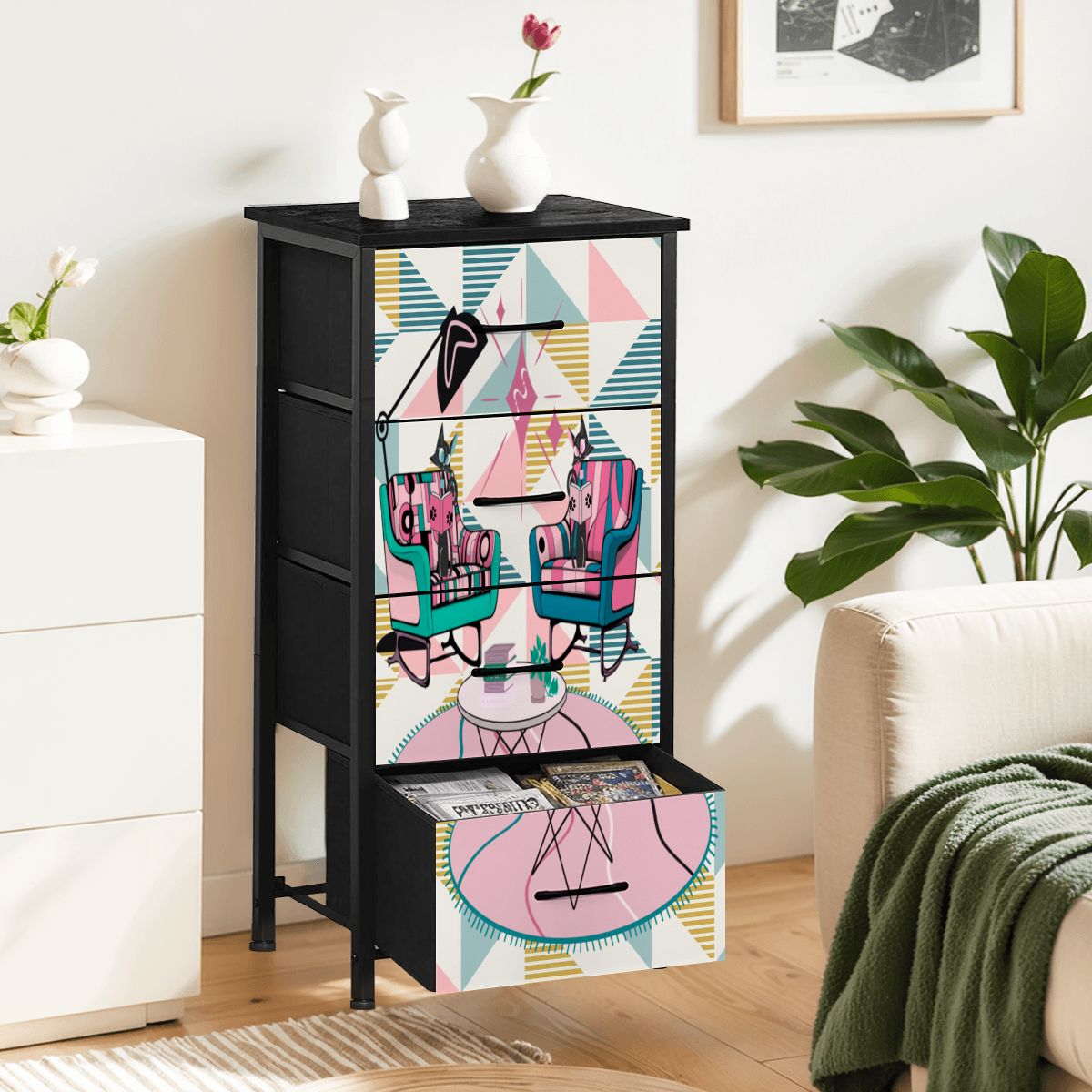 Atomic Reading Cats Kitschy Mod Retro Pink Quirky MCM 4-Drawer Dresser - Mid Century Modern Gal