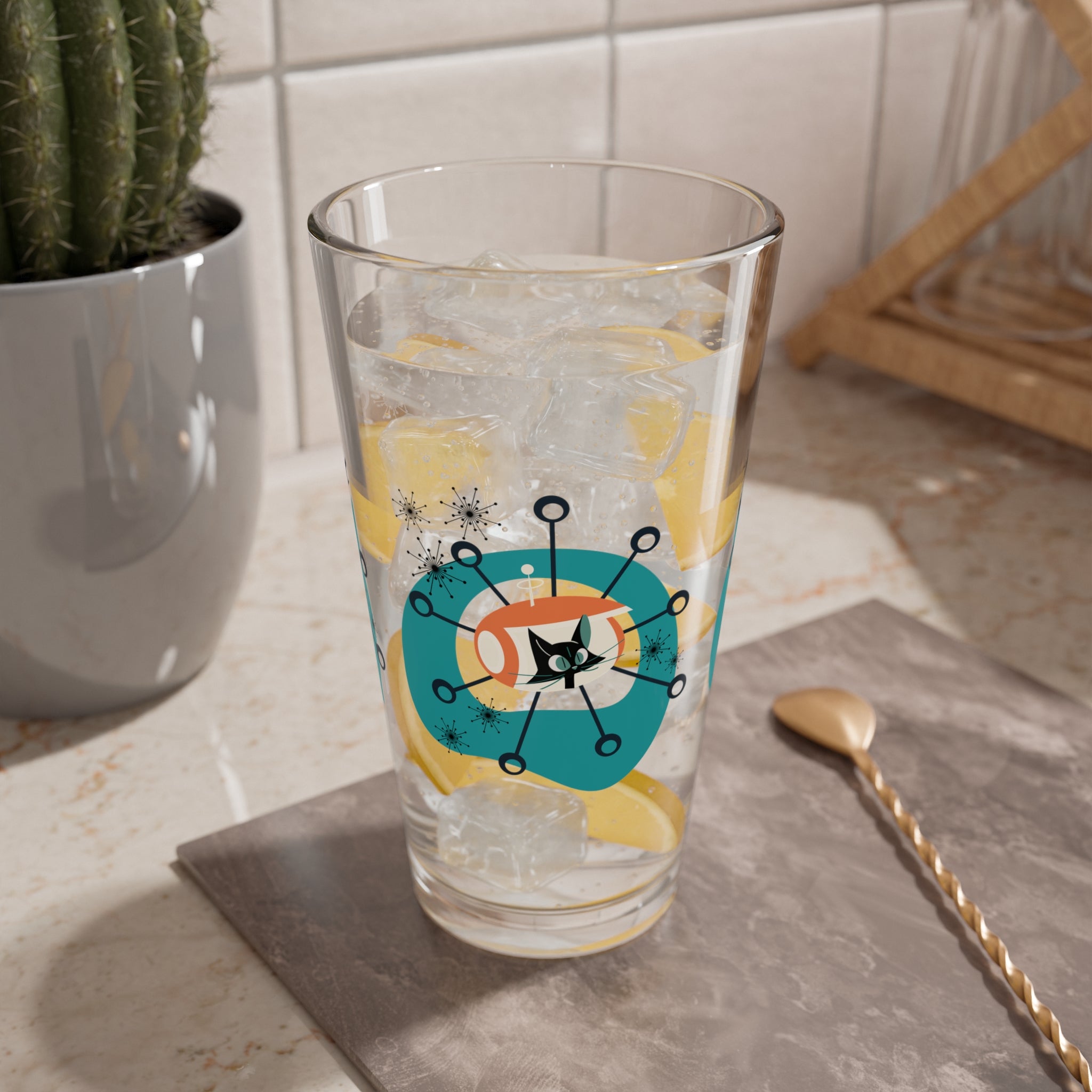 Atomic Cat Glass, Space Kittie, Kitschy Cat, Starburst Mid Century Modern Barware - Mid Century Modern Gal