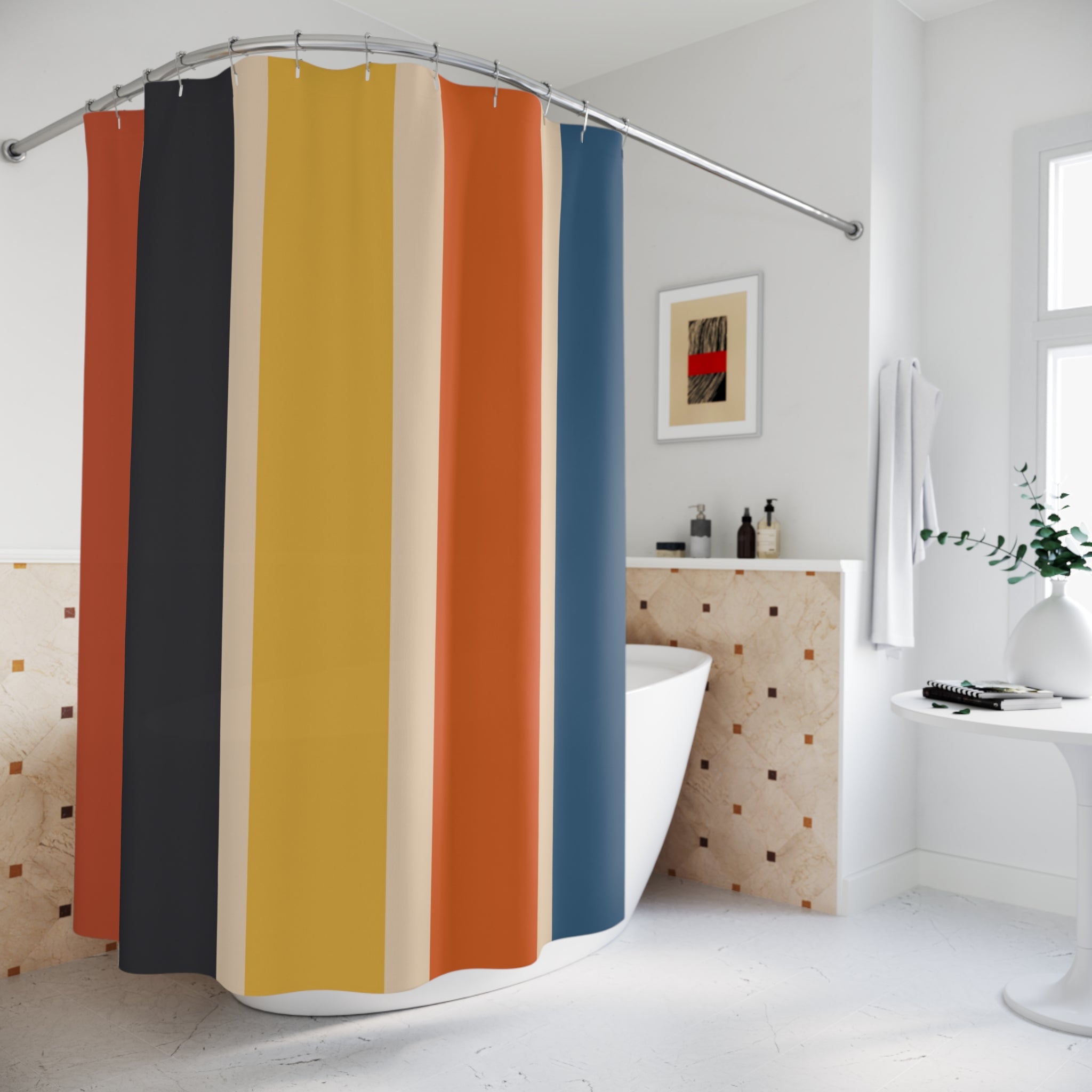 Retro Mid Mod Scandinvain Clean Lined Shower Curtain Striped Bathroom Decor, Modern Home Vibrant Pattern - Mid Century Modern Gal