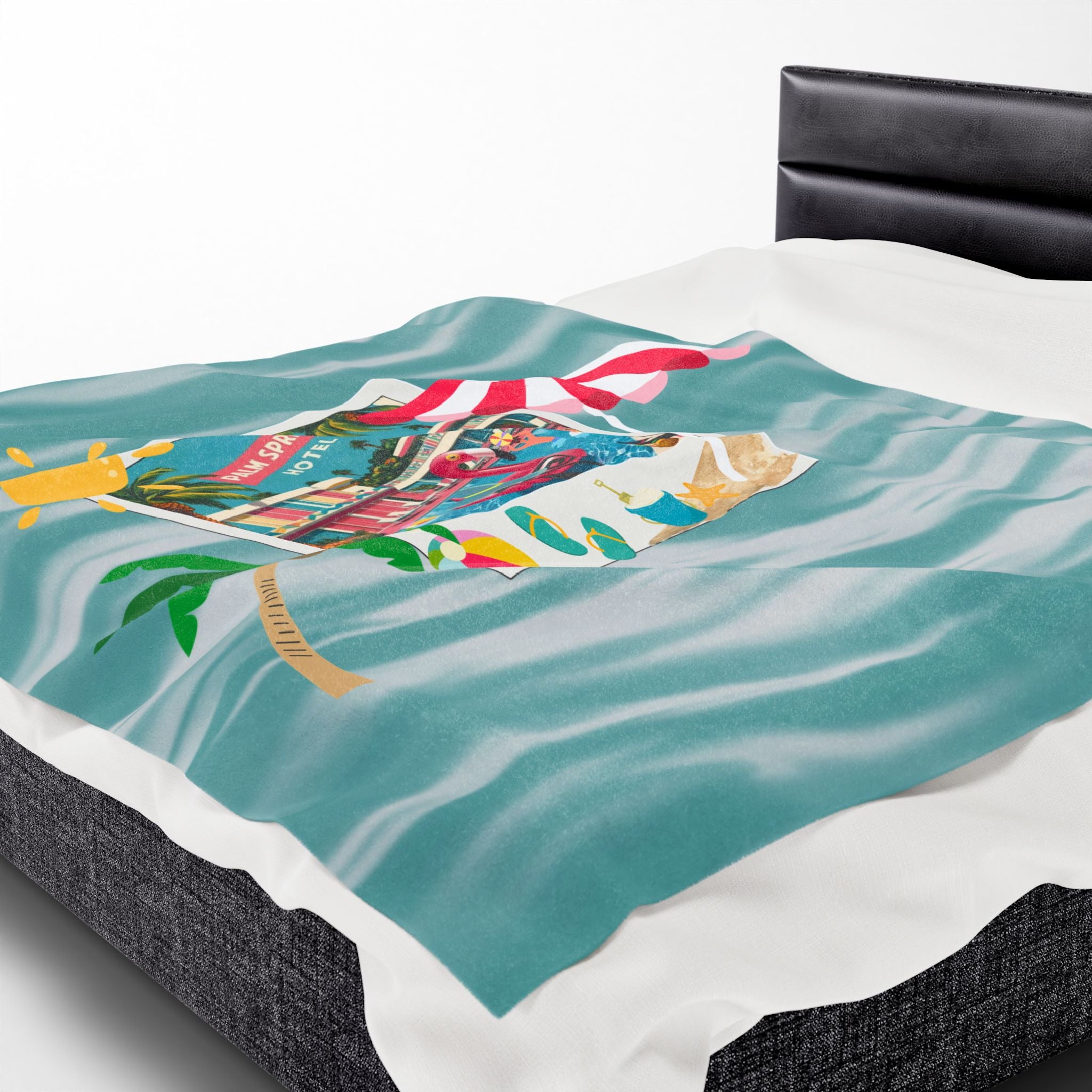 Palm Springs Hotel Retro Mod Flamingo And Atomic Cats, Tropical Getaway Velveteen Plush Blanket - Perfect for Beach Days and Cozy Nights - Mid Century Modern Gal