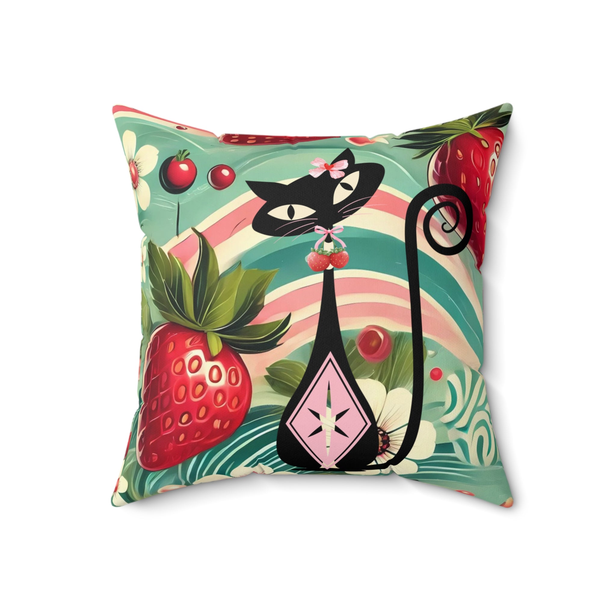 Whimsical Atomic Cat & Strawberry Decorative Pillow - Cozy Home Accent - Mid Century Modern Gal
