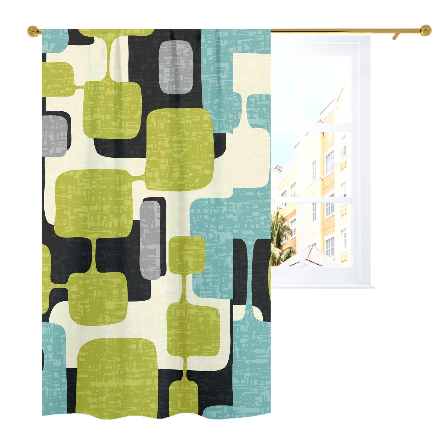 Mid Century Modern Geometric Mod Green, Aqua MCM Curtain, Single Panel - Mid Century Modern Gal