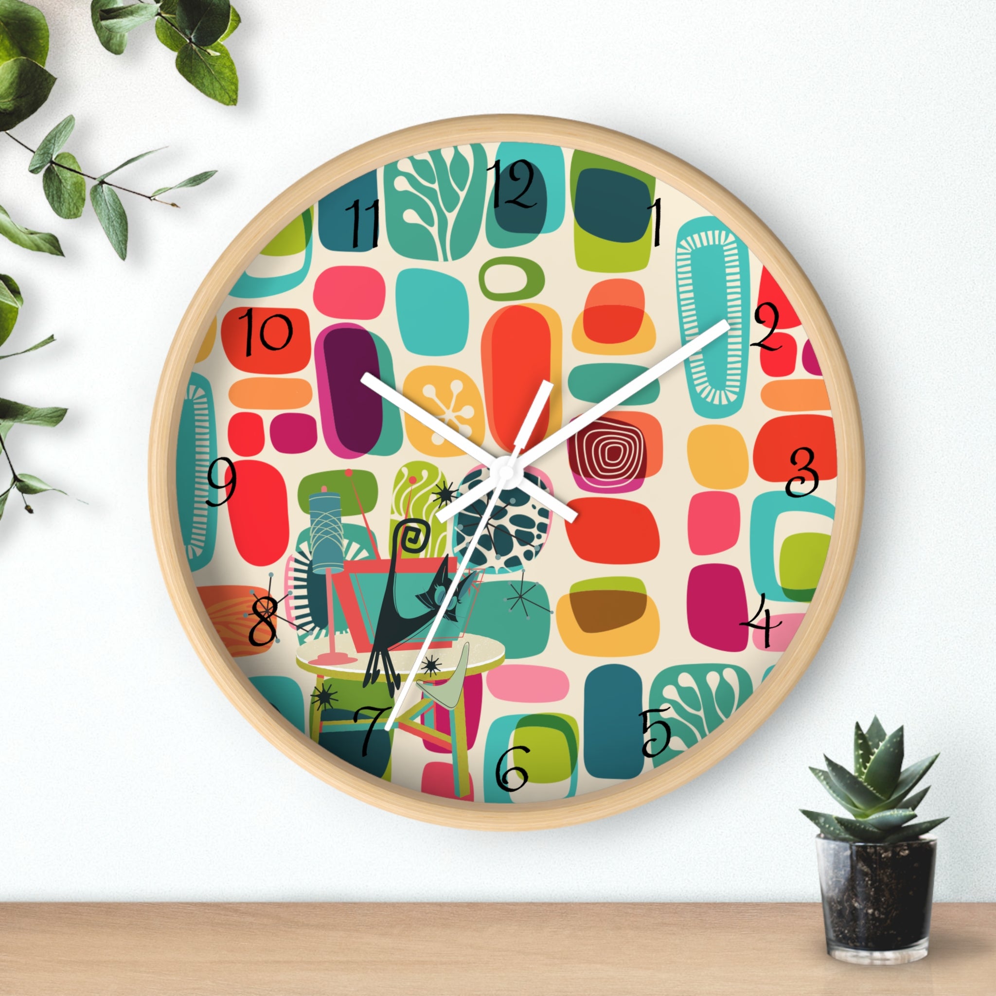 Mid Mod Amoeba Design With Kitschy Atomic Cat, Quirky Fun Retro Wall Clock - Mid Century Modern Gal
