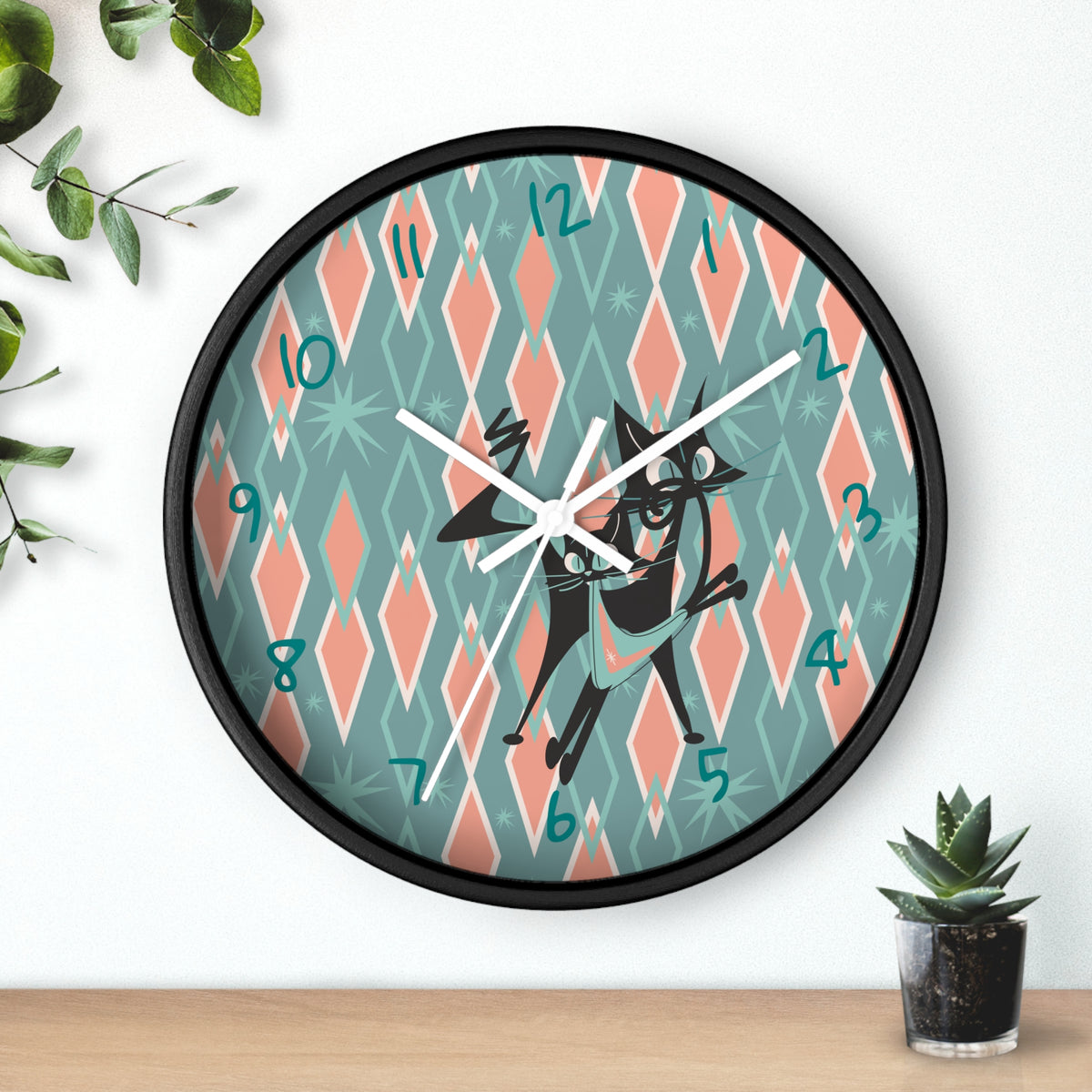 Retro Kitchen Wall Clock For Atomic Cat Black Cat Lovers, Mid Century Modern Designed, Teal, Pink Harlequin Diamond Designed MCM Clock - Mid Century Modern Gal