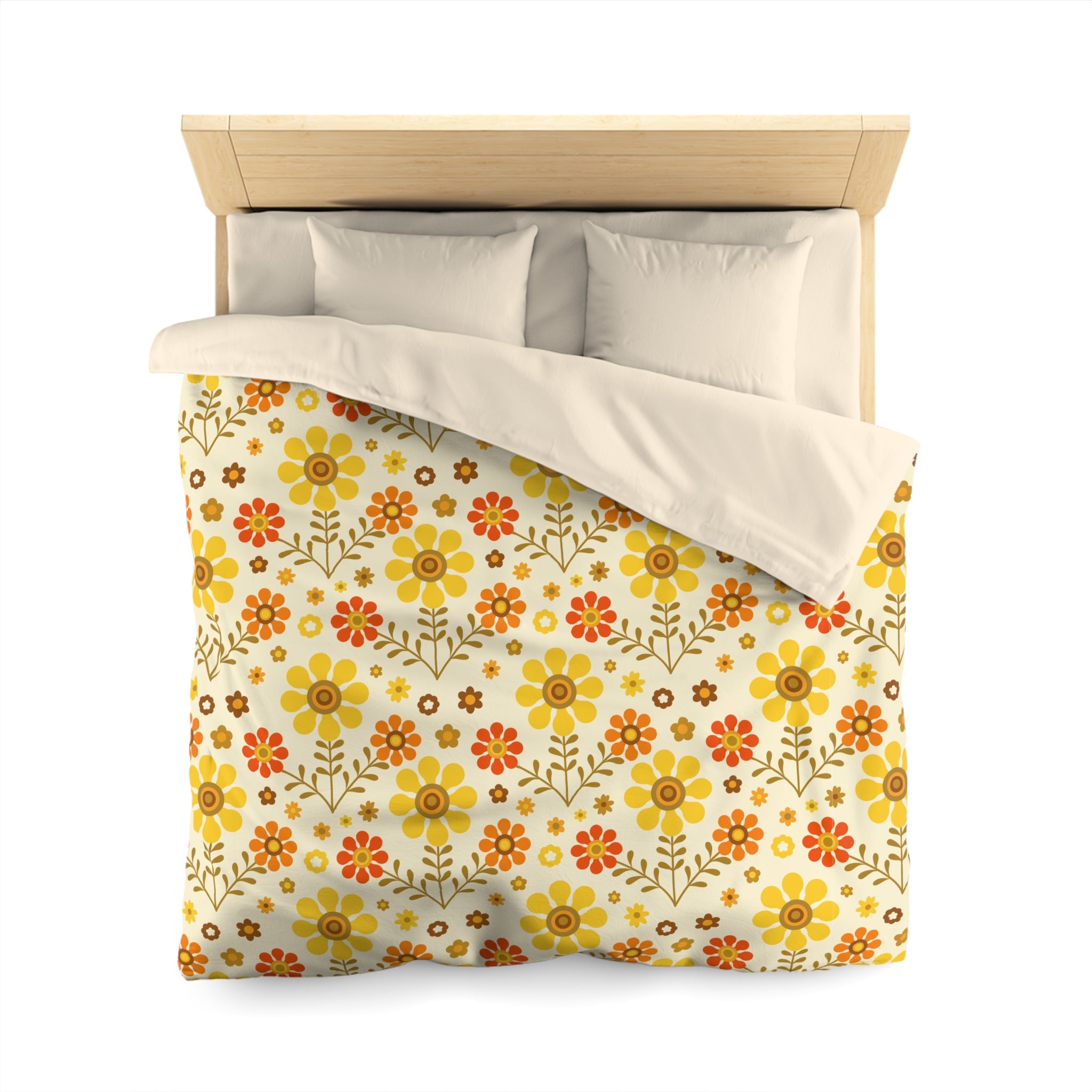 70s Flower Power Orange, Yellow Soft Daisy Retro Duvet Cover Duvet Cover - Mid Century Modern Gal