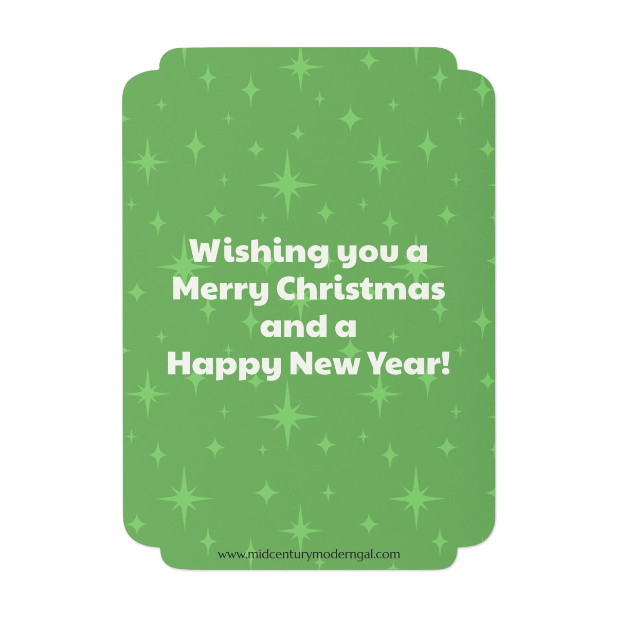 Mid Century Modern Gal Decorating Christmas Tree, Green Atomic Starbursts Flat Postcard Style Christmas Greeting Cards