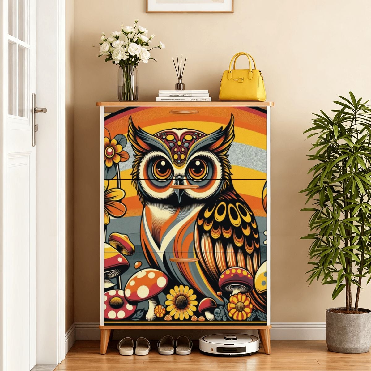 1970s Owl Decor, Mushroom And Floral, Groovy Mid Mod Shoe Storage Cabinet - Mid Century Modern Gal