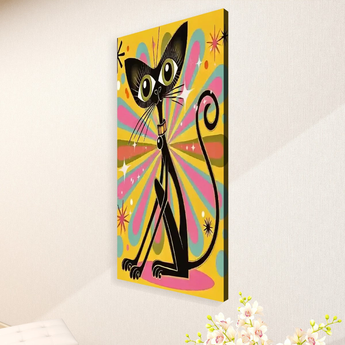 Atomic Groovy Cat Wall Art, Kitschy Retro Quirky Cat Lover Large Canvas Print - Mid Century Modern Gal