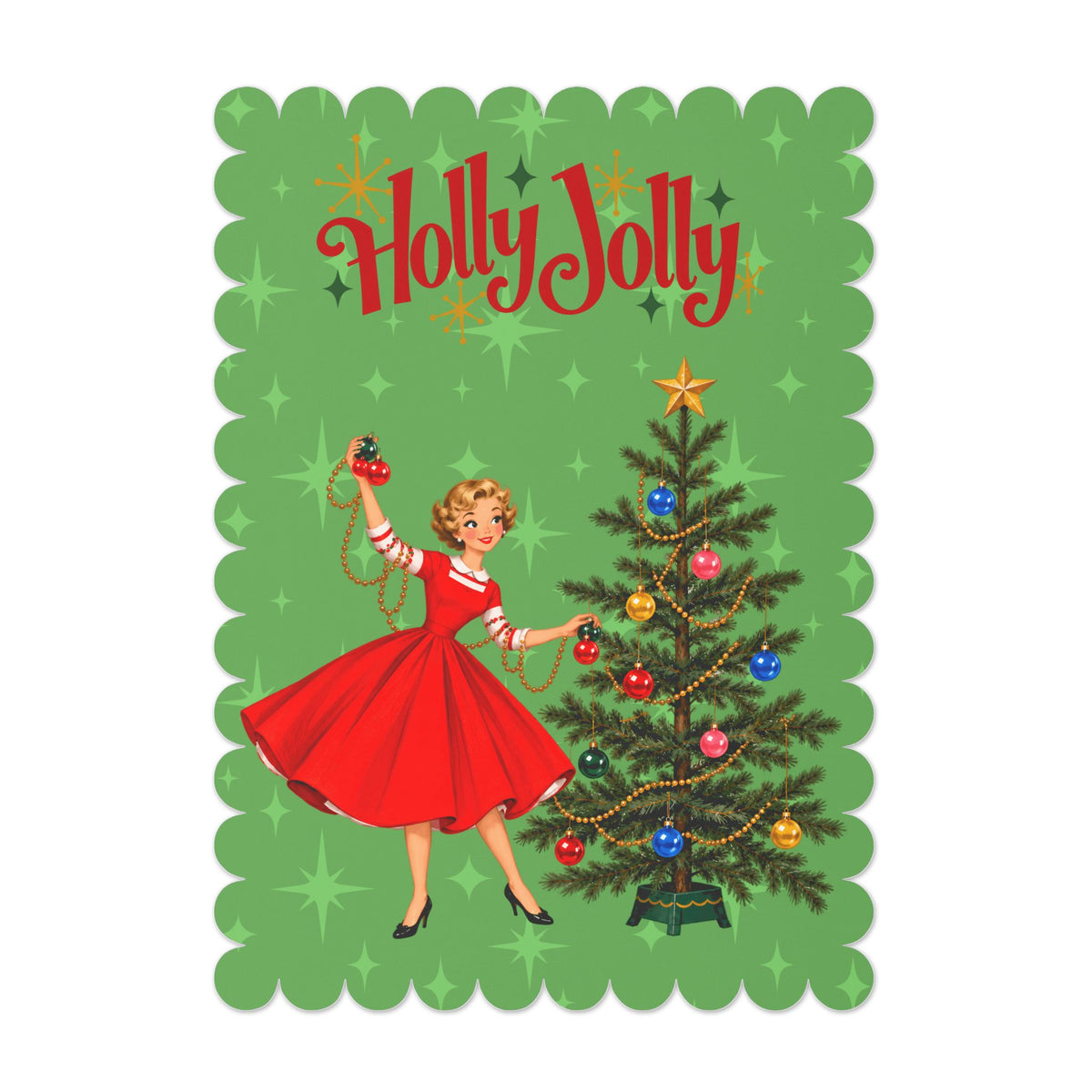 Mid Century Modern Gal Decorating Christmas Tree, Green Atomic Starbursts Flat Postcard Style Christmas Greeting Cards