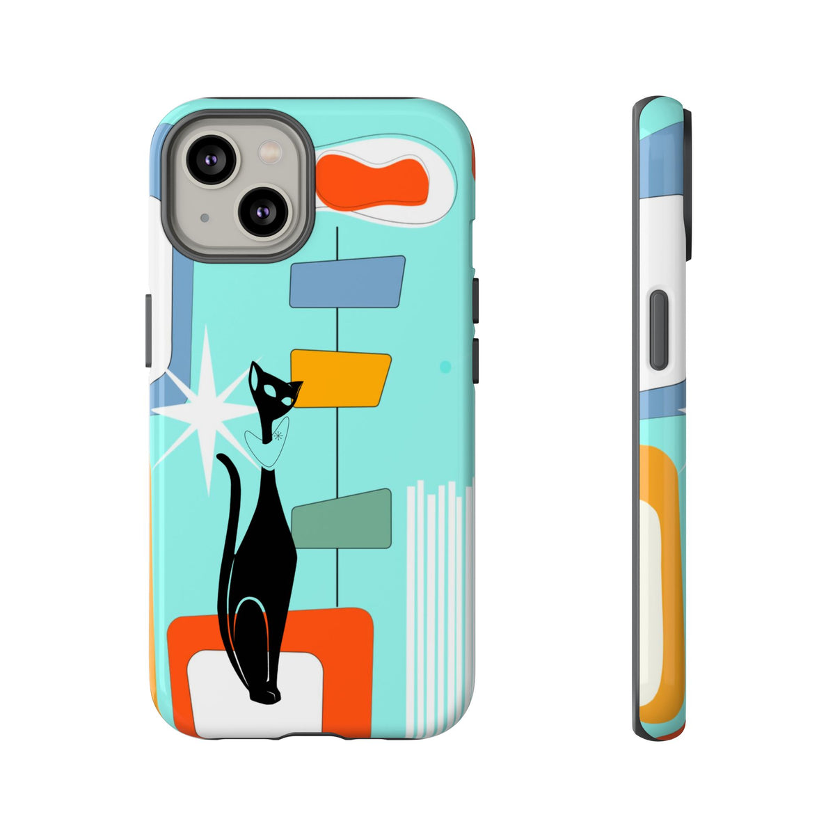 Atomic Cat, Mid Mod Aqua Blue, Geometric, Samsung, Google Pixel, Apple iPhone Tough Cases - Mid Century Modern Gal