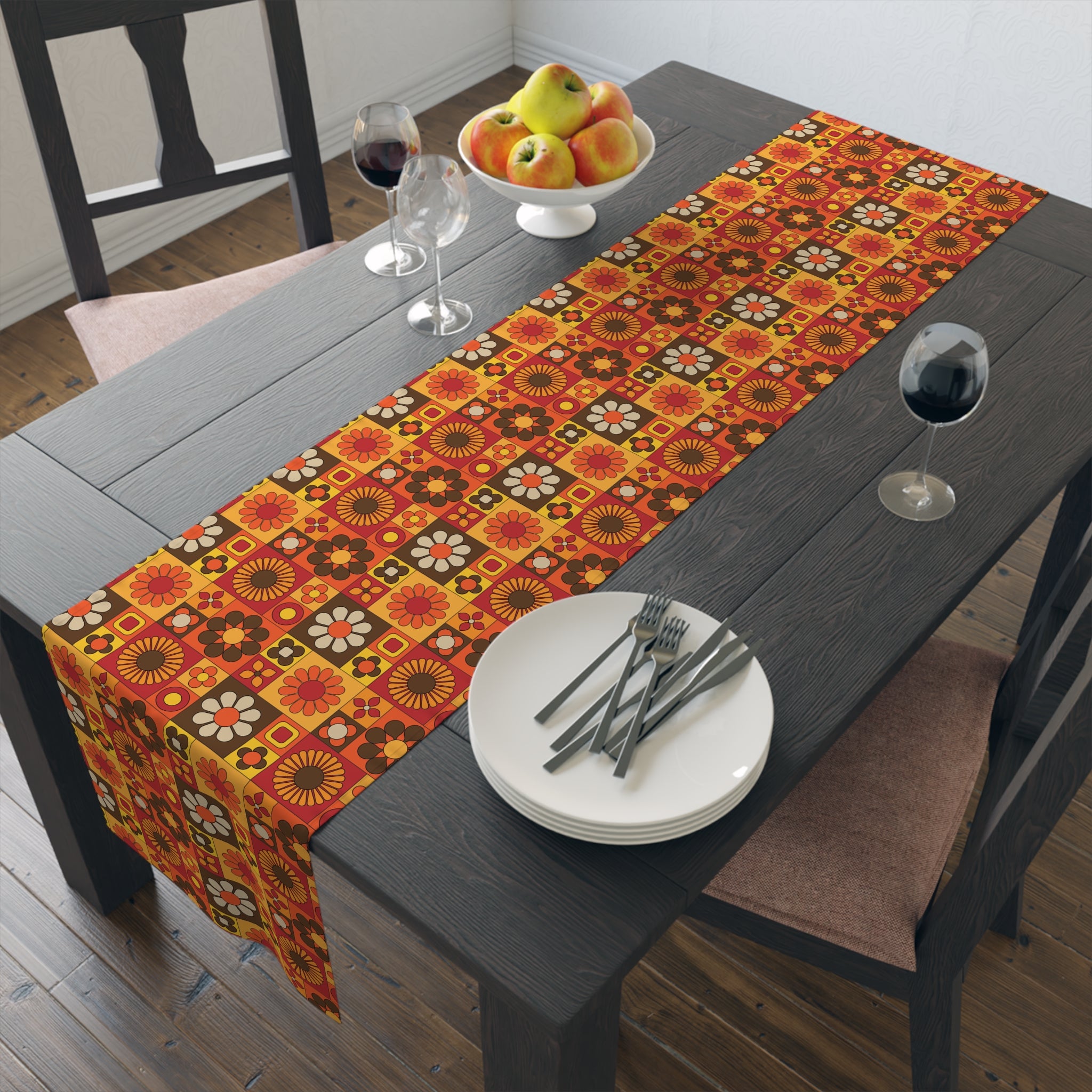Retro Flower Power Patchwork Groovy Mod Brown Orange Yellow MCM 70s Table Runner - Mid Century Modern Gal
