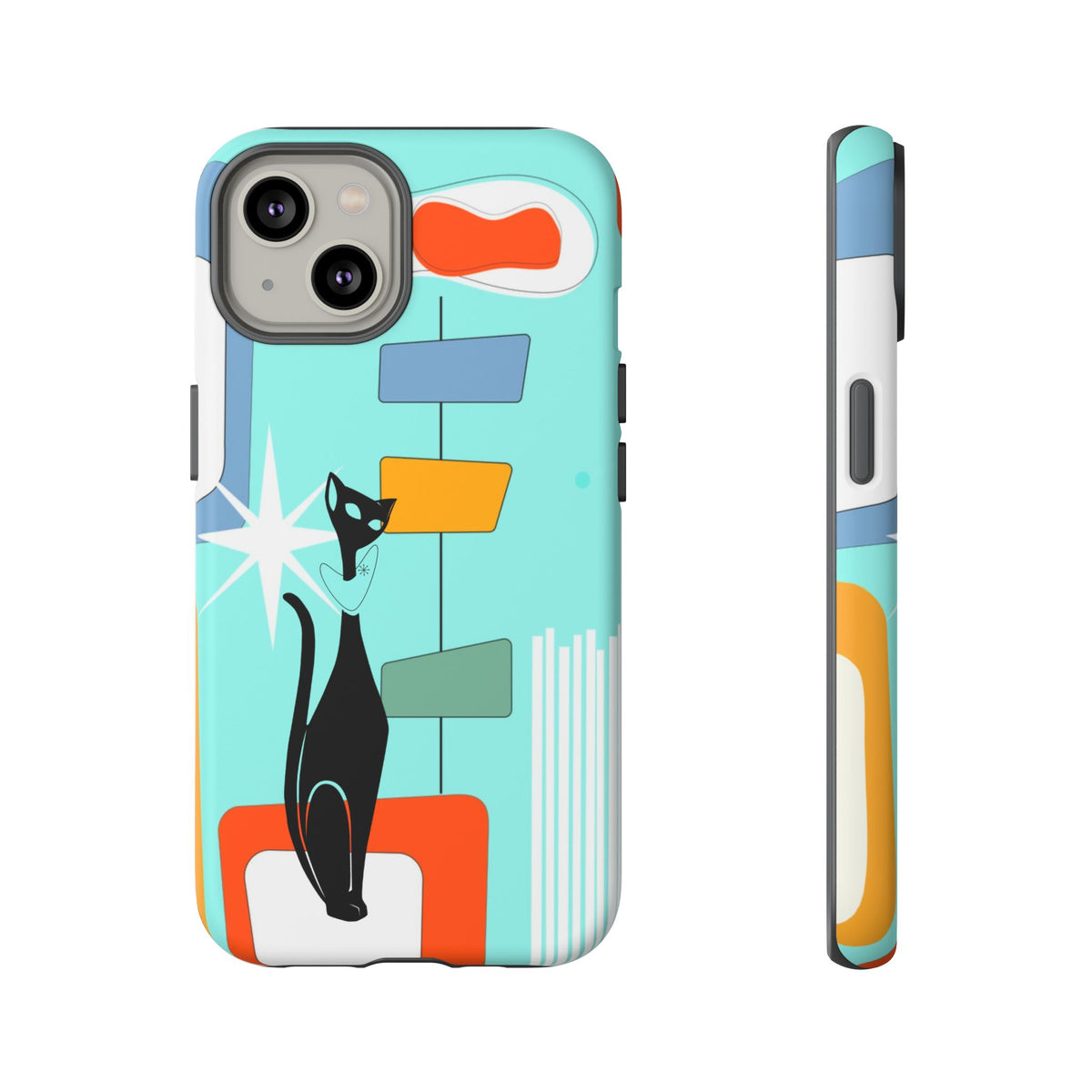Atomic Cat, Mid Mod Aqua Blue, Geometric, Samsung, Google Pixel, Apple iPhone Tough Cases - Mid Century Modern Gal