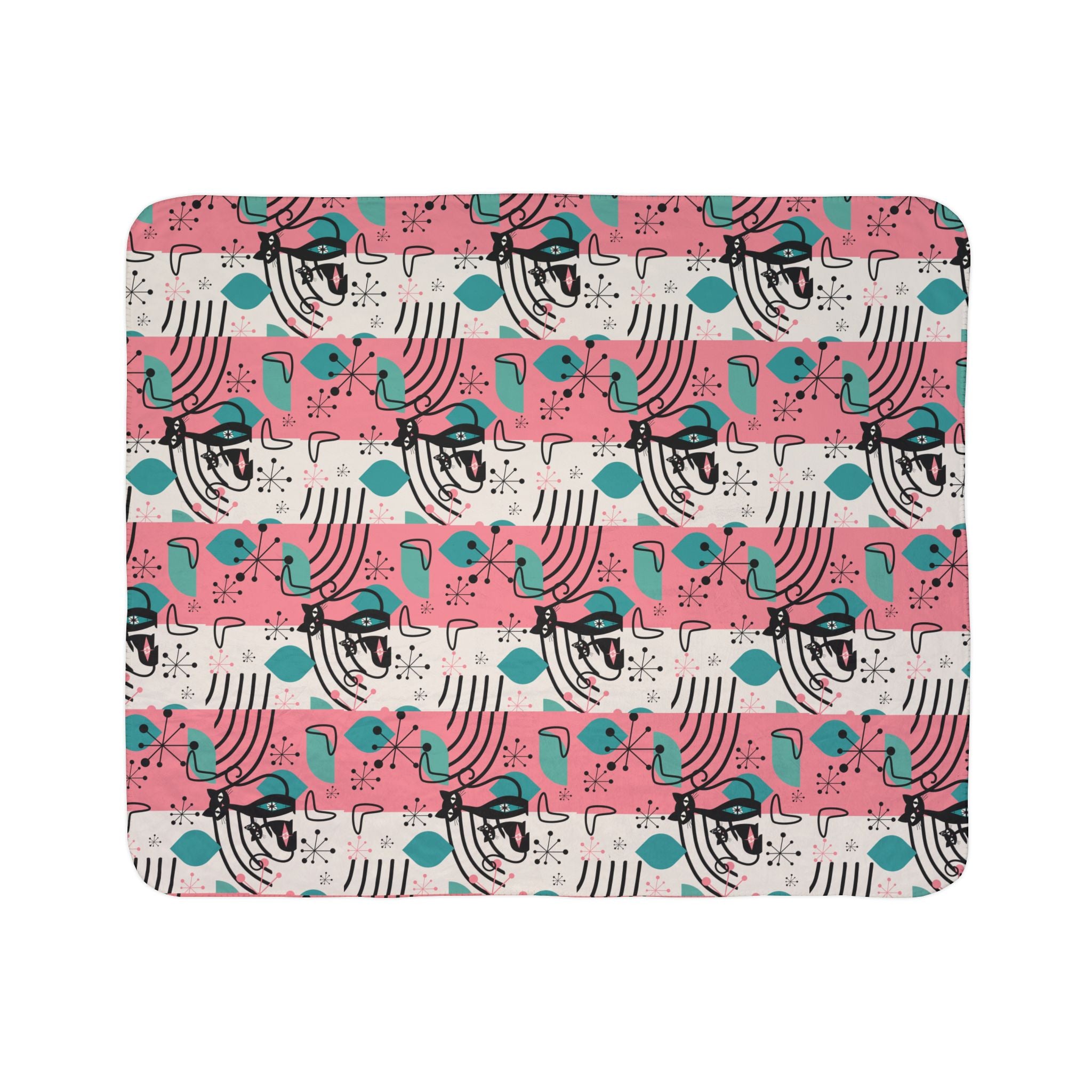 Mid-Century Modern Atomic Cat Pink Teal Retro Cat Fleece Sherpa Blanket - Cozy & Stylish - Mid Century Modern Gal