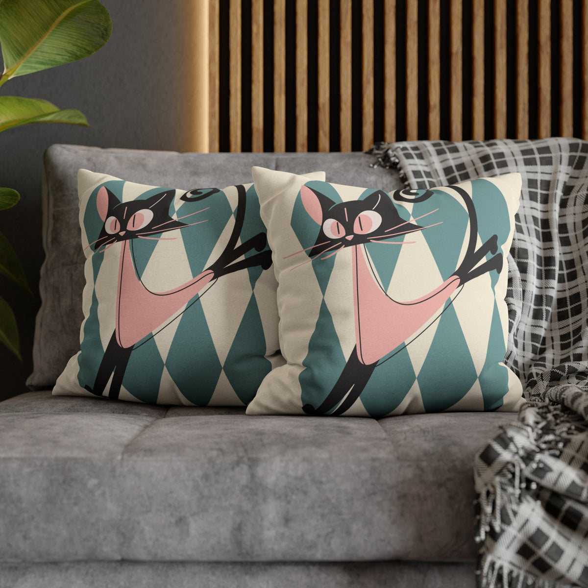 Atomic Kittie, Boomerang Mid Mod Atomic Cat, Harlequin Diamond Kitschy Pillow Cover - Mid Century Modern Gal