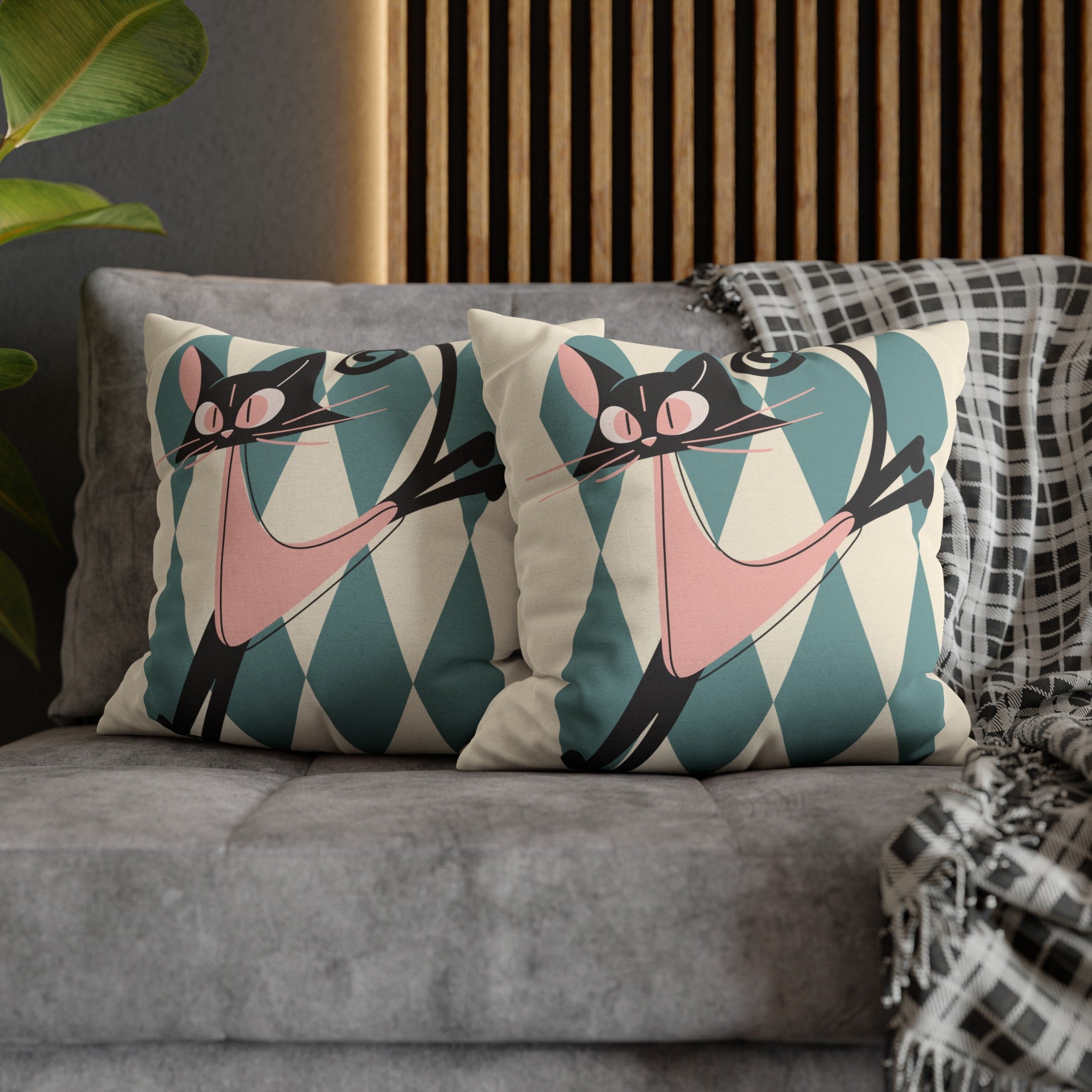 Atomic Kittie, Boomerang Mid Mod Atomic Cat, Harlequin Diamond Kitschy Pillow Cover - Mid Century Modern Gal