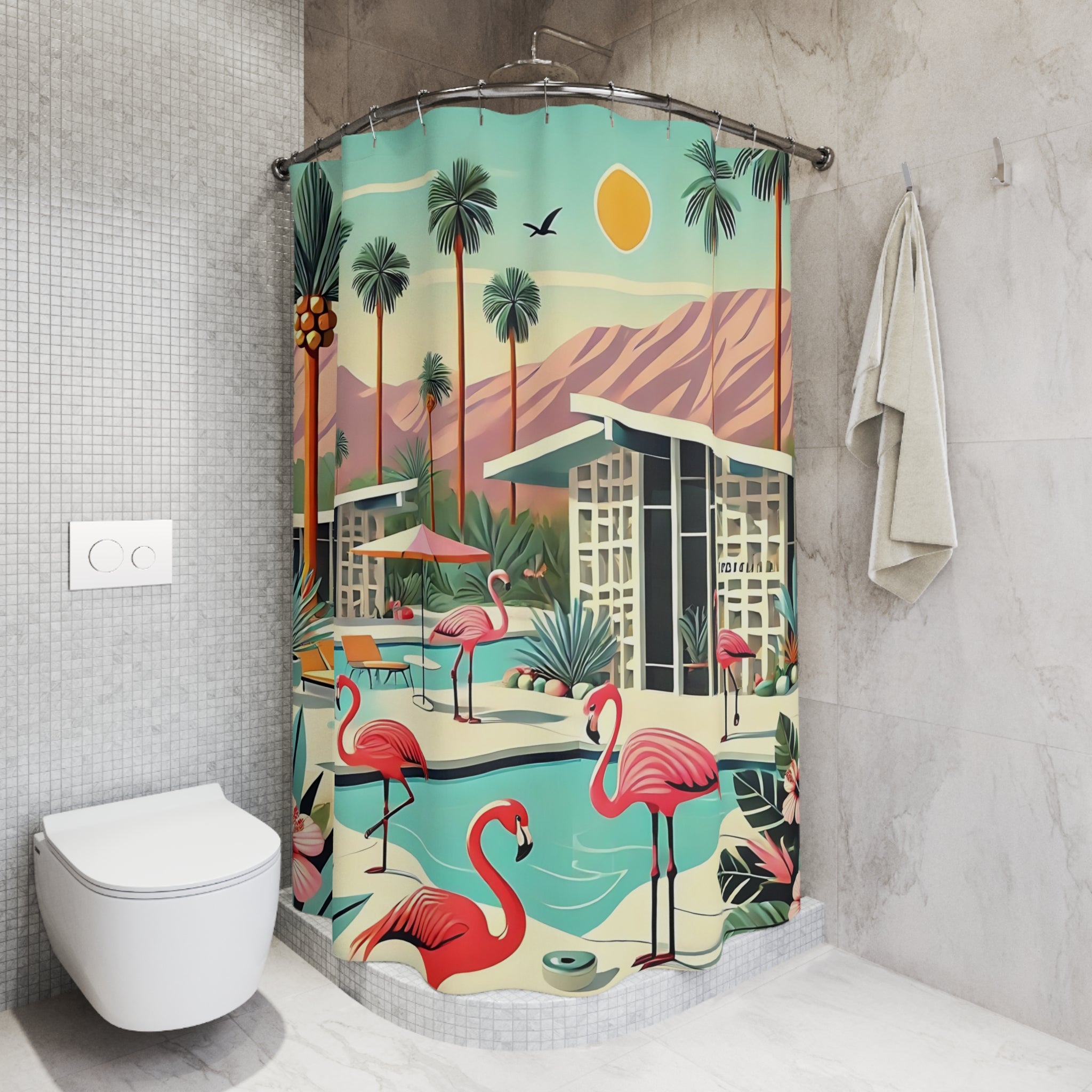 Mid Century Modern 50s Tropical Flamingo Shower Curtains - Mid-Century Modern Bathroom Décor - Mid Century Modern Gal