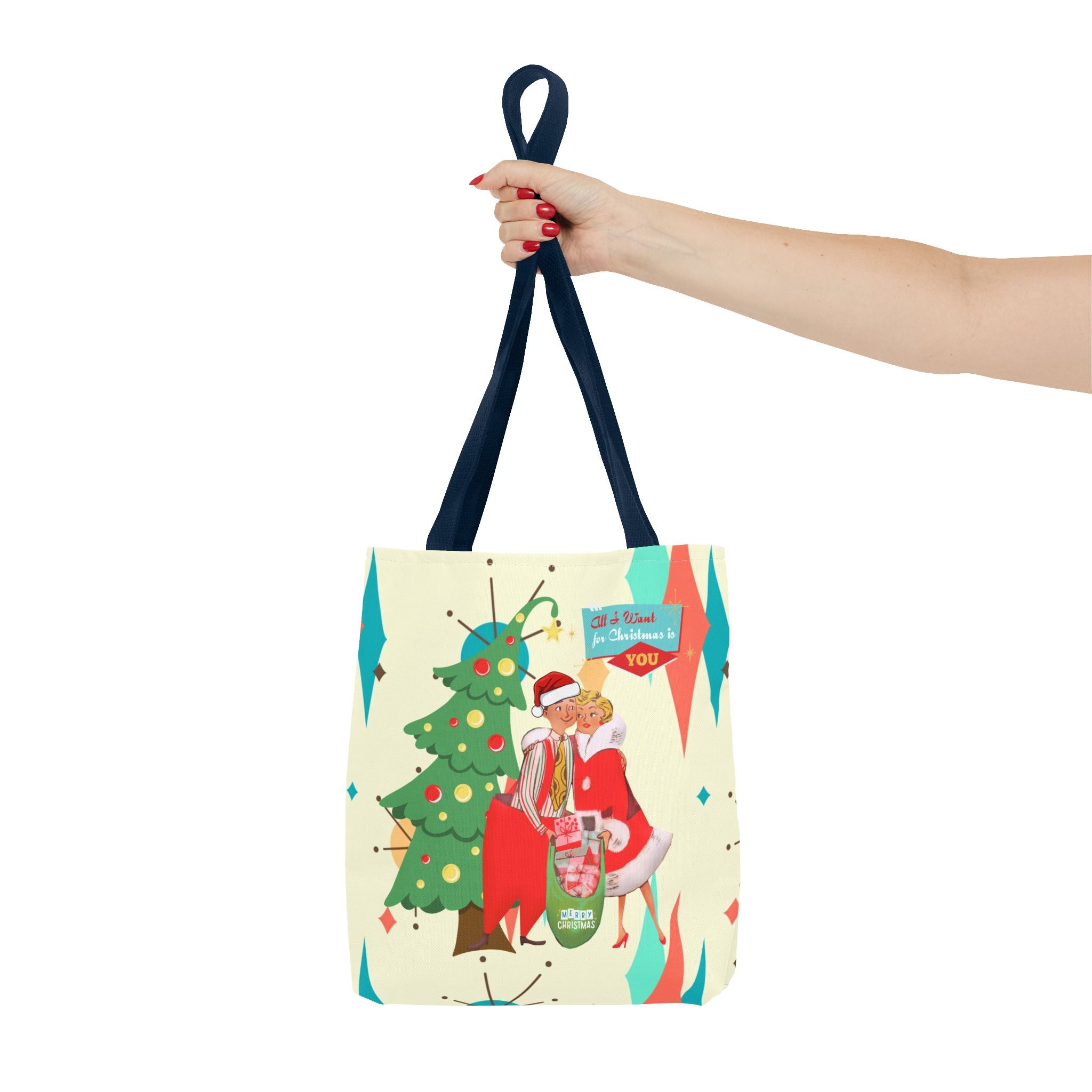 Christmas Couples Tote Bag, Cute Holiday Gift, Fun Shopping Bag, Joyful Christmas Decor, Merry Tote for Party Use - Mid Century Modern Gal