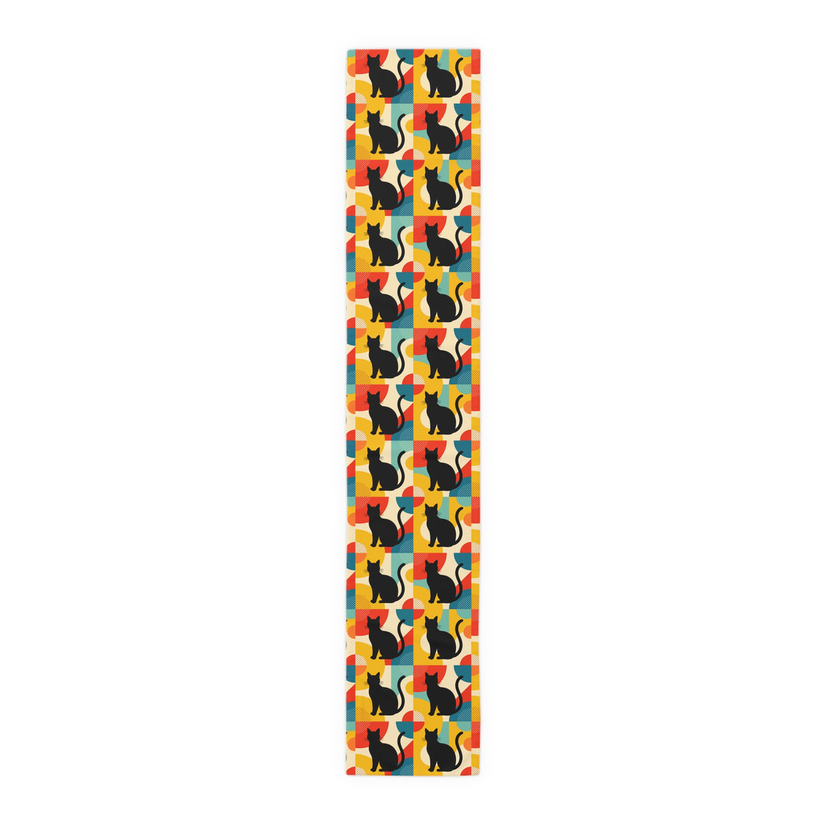 Pop Art Black Atomic Cats, Red Blue Yellow, Table Runner - Mid Century Modern Gal