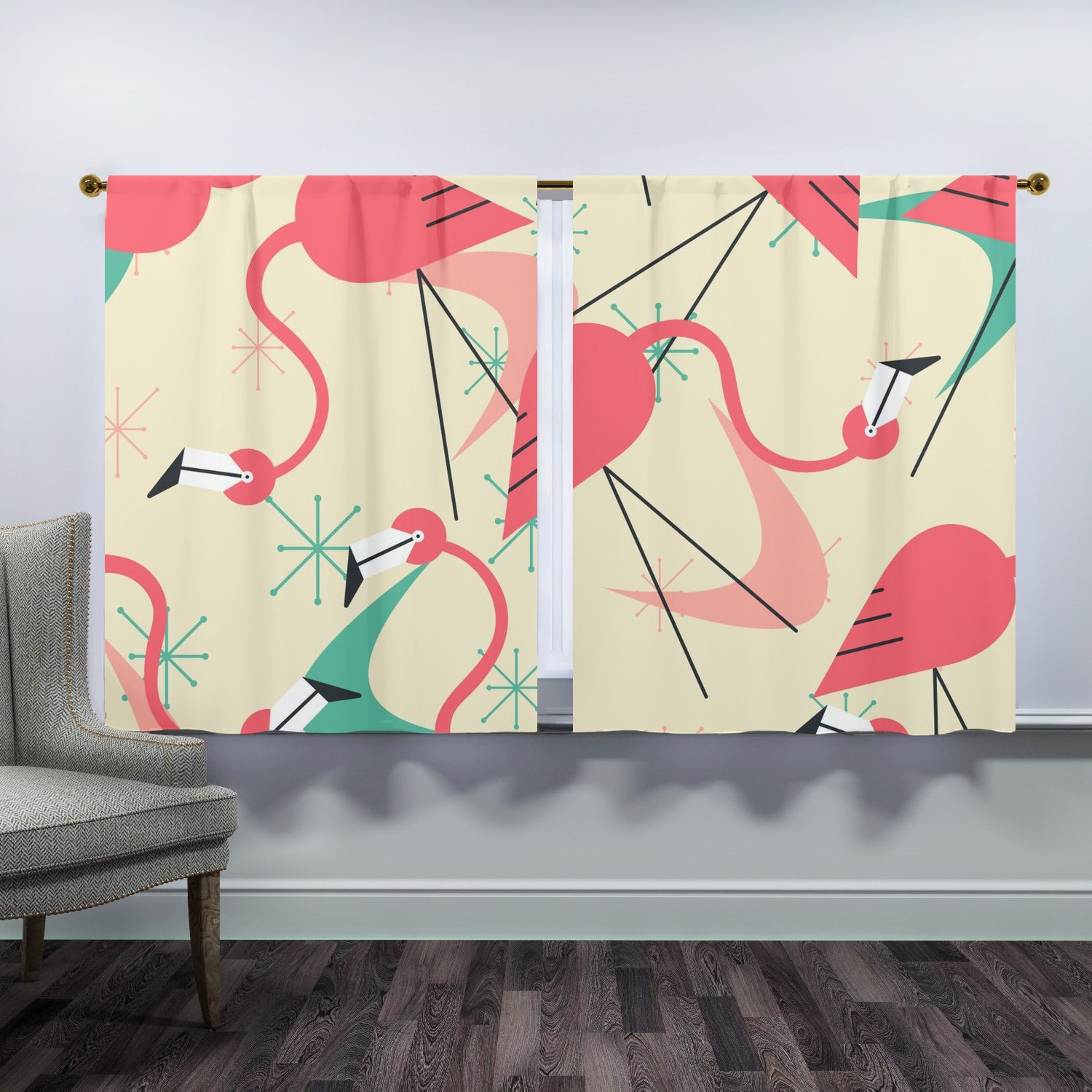 Mid Century Modern Flamingo Kitschy Fun Quirky Retro Window Curtains (two panels) - Mid Century Modern Gal