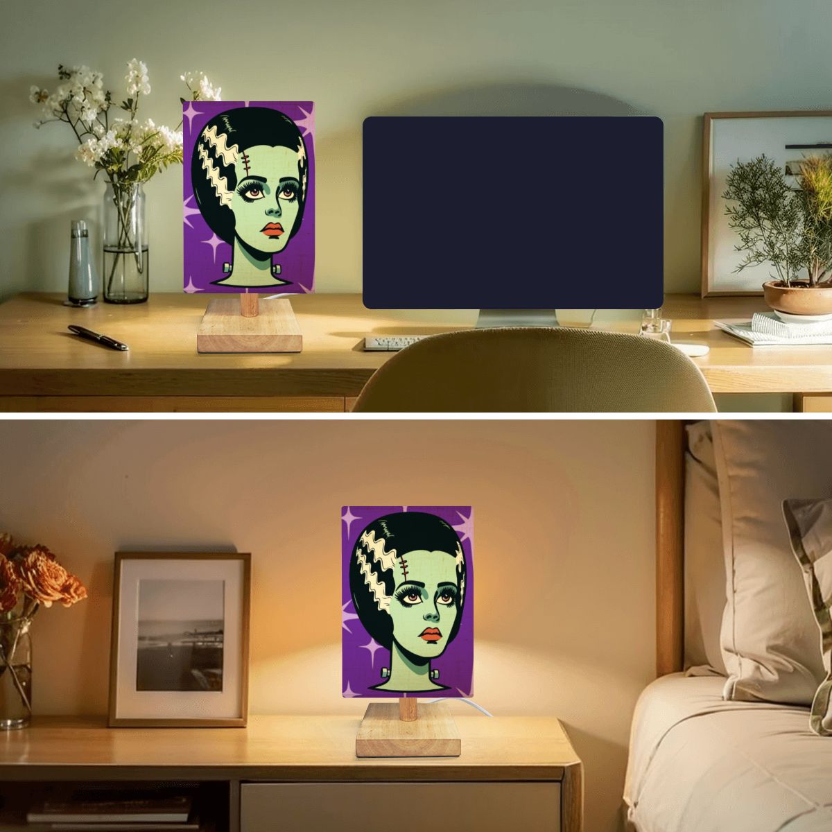 Bride of Frankenstein Retro Mid Mod Horror Buff Purple Halloween Square Table Lamp - Mid Century Modern Gal