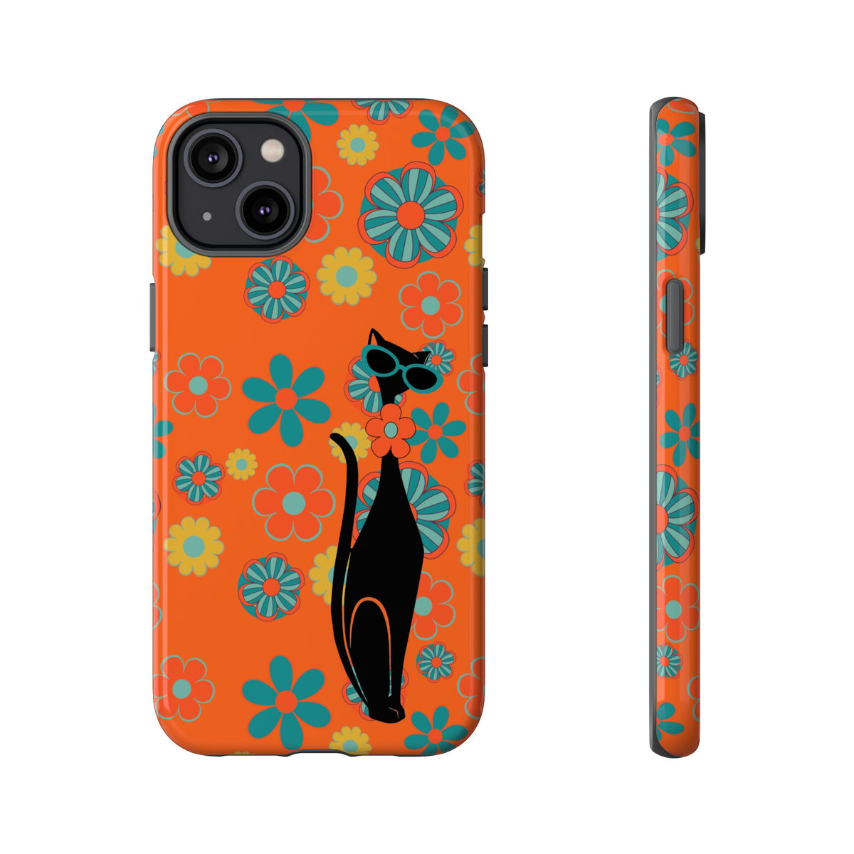 Flower Power, Retro Groovy Atomic Cat, Hipster Style Orange Samsung Galaxy and Google Pixel Tough Cases