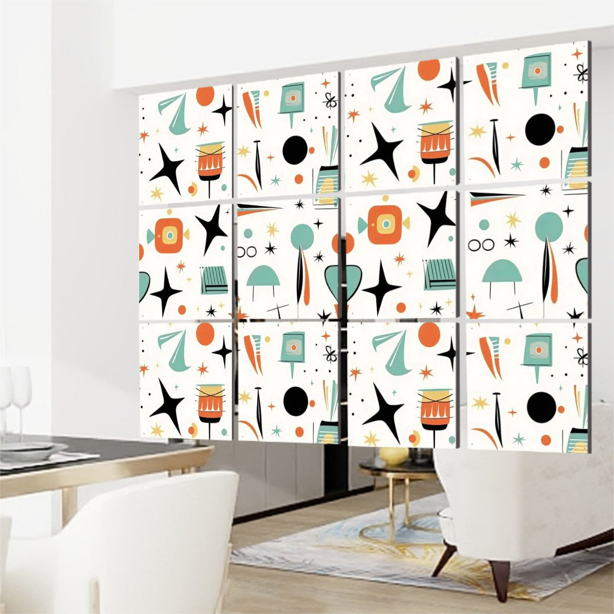 Mid Century Modern Hanging Room Divider In Sputnik, Mod Design, One Side Print - Mid Century Modern Gal
