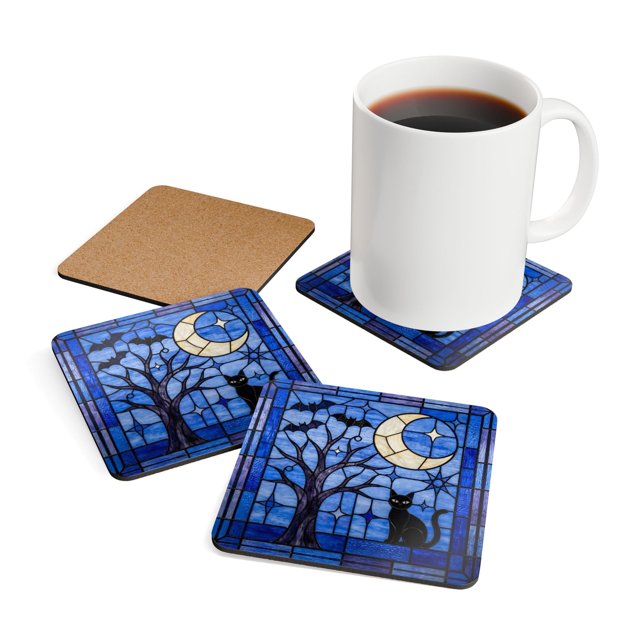 Halloween Stained Glass Style Night Sky Black Cat Corkwood Coaster Set