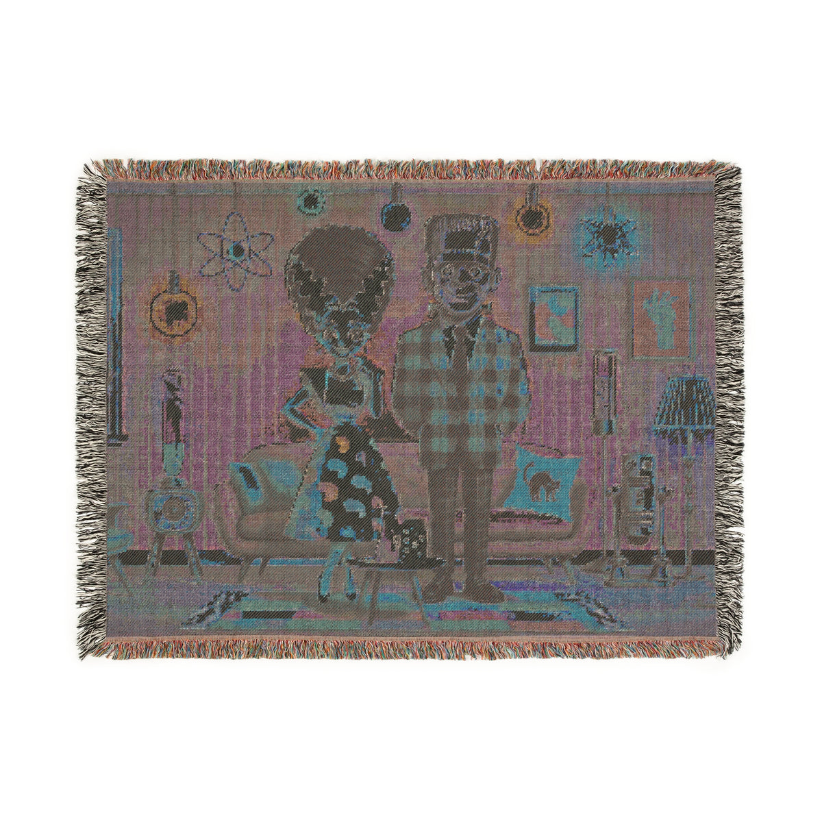 Frankenstein And Bride Woven Blanket, Kitschy Mid Mod Style - Mid Century Modern Gal