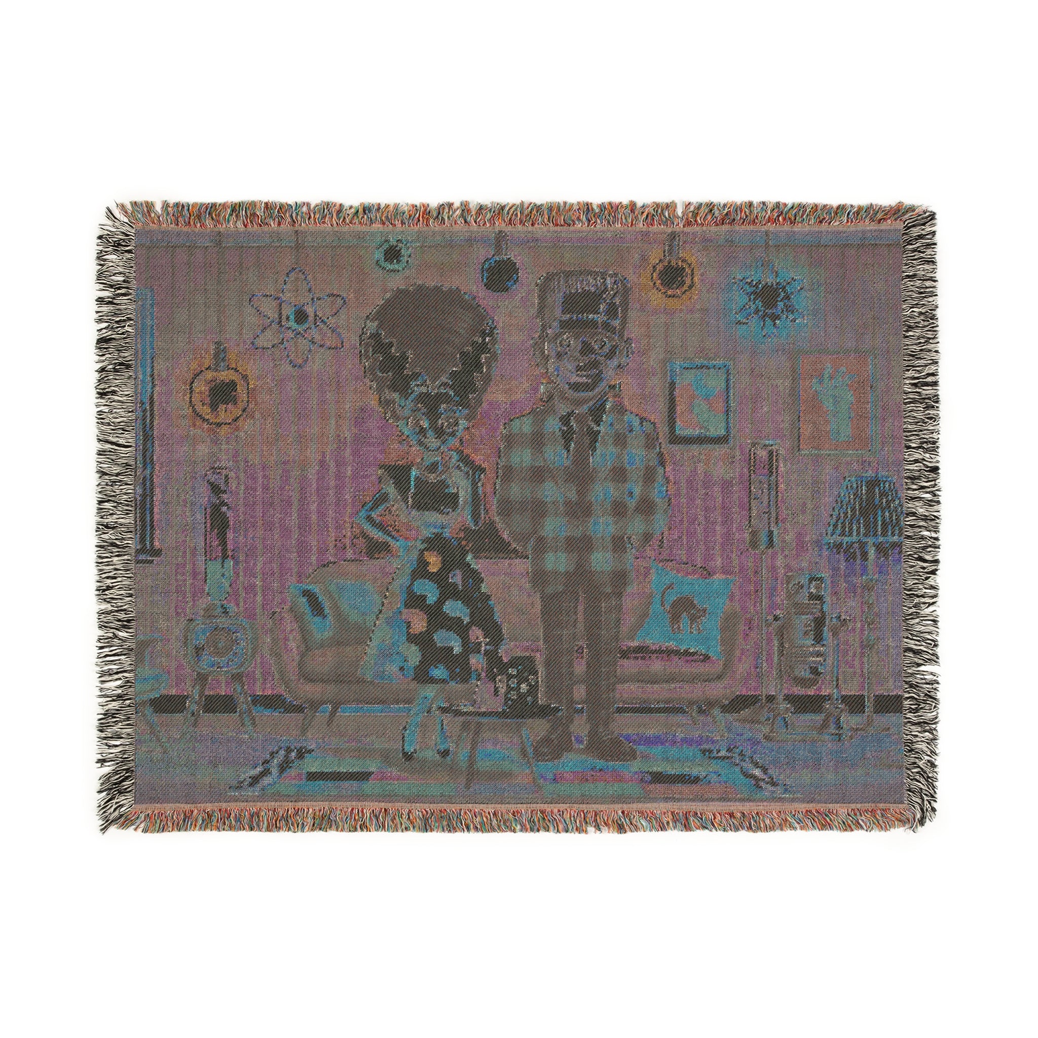 Frankenstein And Bride Woven Blanket, Kitschy Mid Mod Style - Mid Century Modern Gal