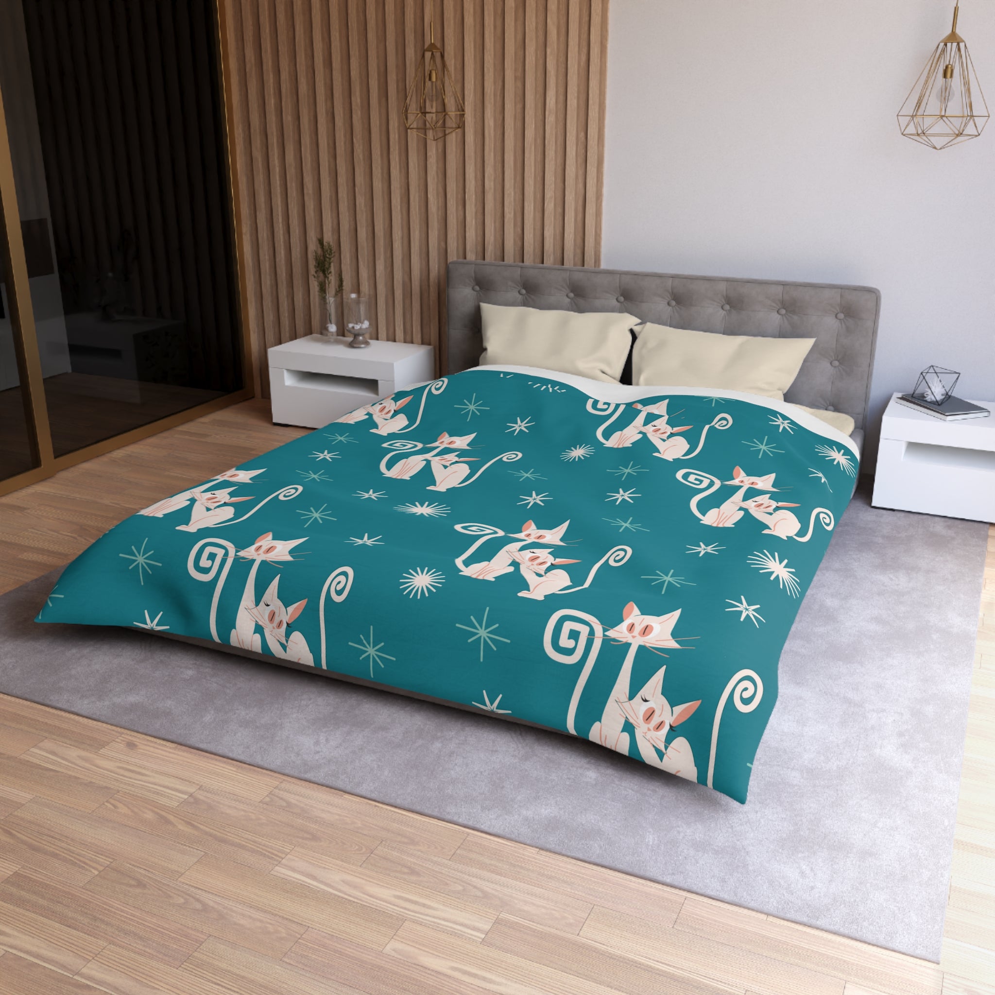 Mid Century Modern Atomic Kitty Cats, Teal, Starburst, MCM Microfiber Duvet Cover - Mid Century Modern Gal
