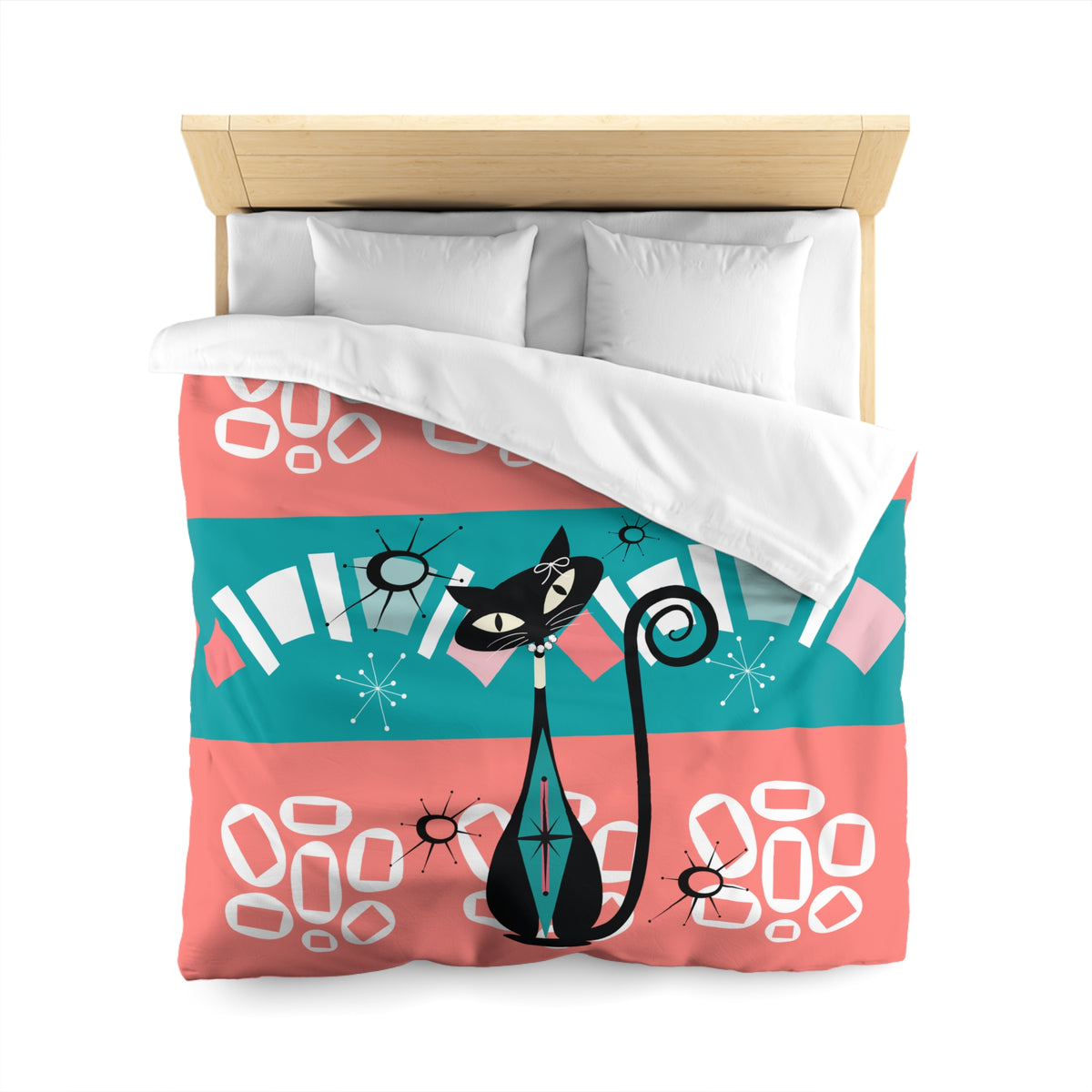 Mid Century Modern Atomic Cat, Coral, Teal, White Kitschy Funky Mod Duvet - Mid Century Modern Gal