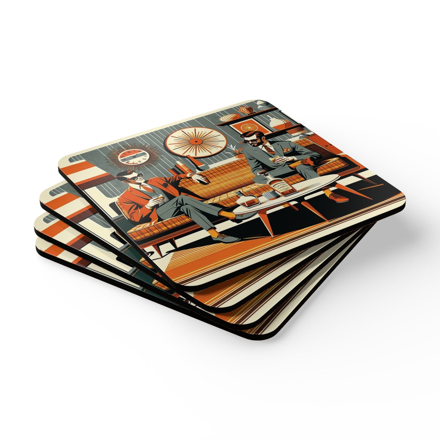 Mid Century Modern Gay Gentleman, Livingroom MCM Barware Kitschy Mod Corkwood Coaster Set - Mid Century Modern Gal