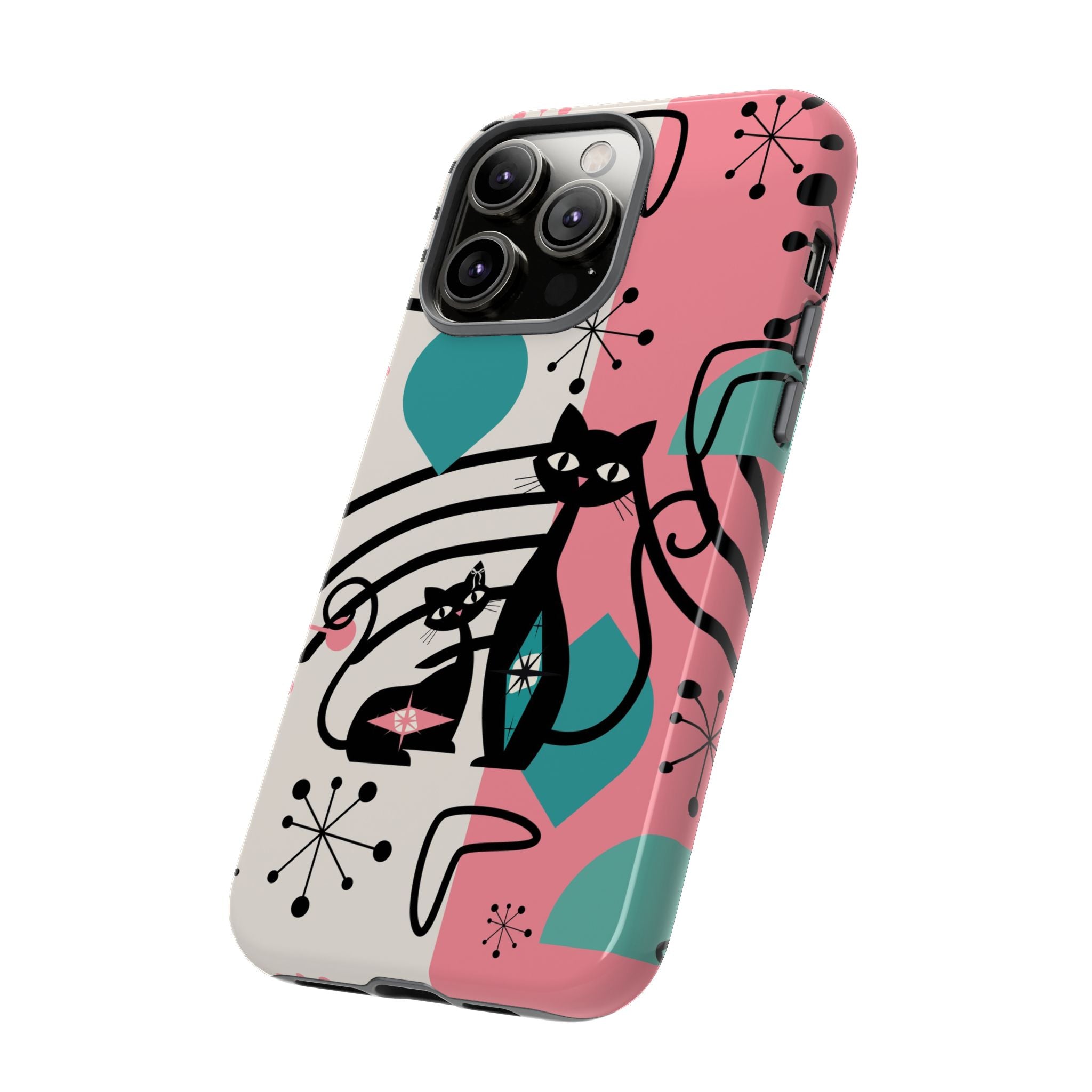 Mid Mod Atomic Cat Boomerang Starburst, Pink, Black Kitschy Stylish Cat Phone Case: Modern Design for Cat Lovers