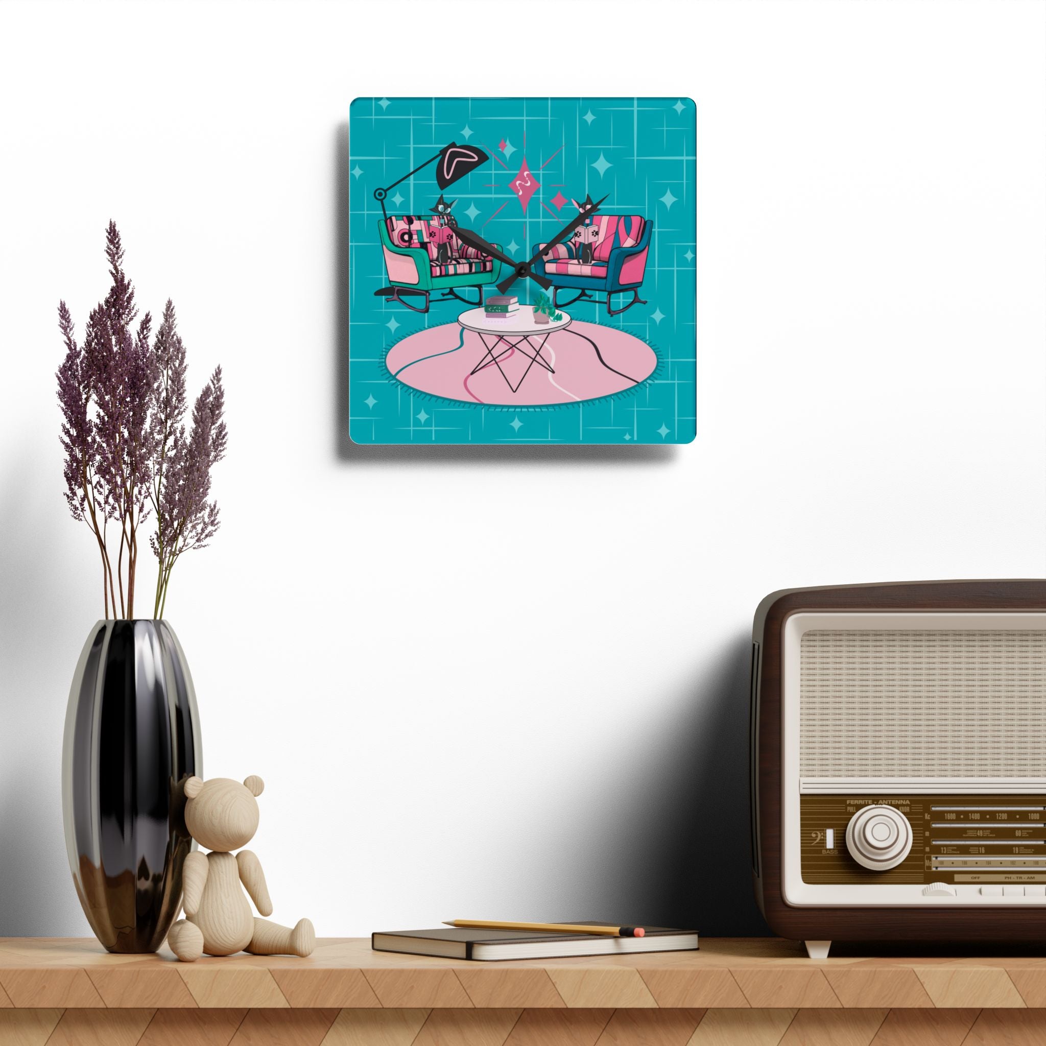 Atomic Reading Cats, Kitschy Mod Quirky Retro Modern Acrylic Wall Clock - Mid Century Modern Gal