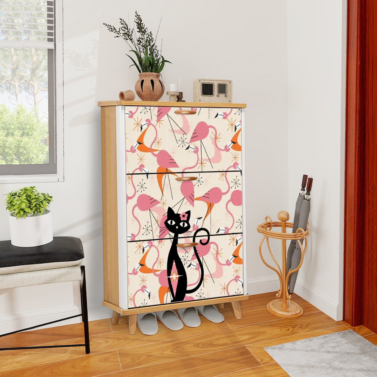 Mid Century Modern Flamingos, Atomic Cat Kitschy Mod Shoe Storage Cabinet - Mid Century Modern Gal