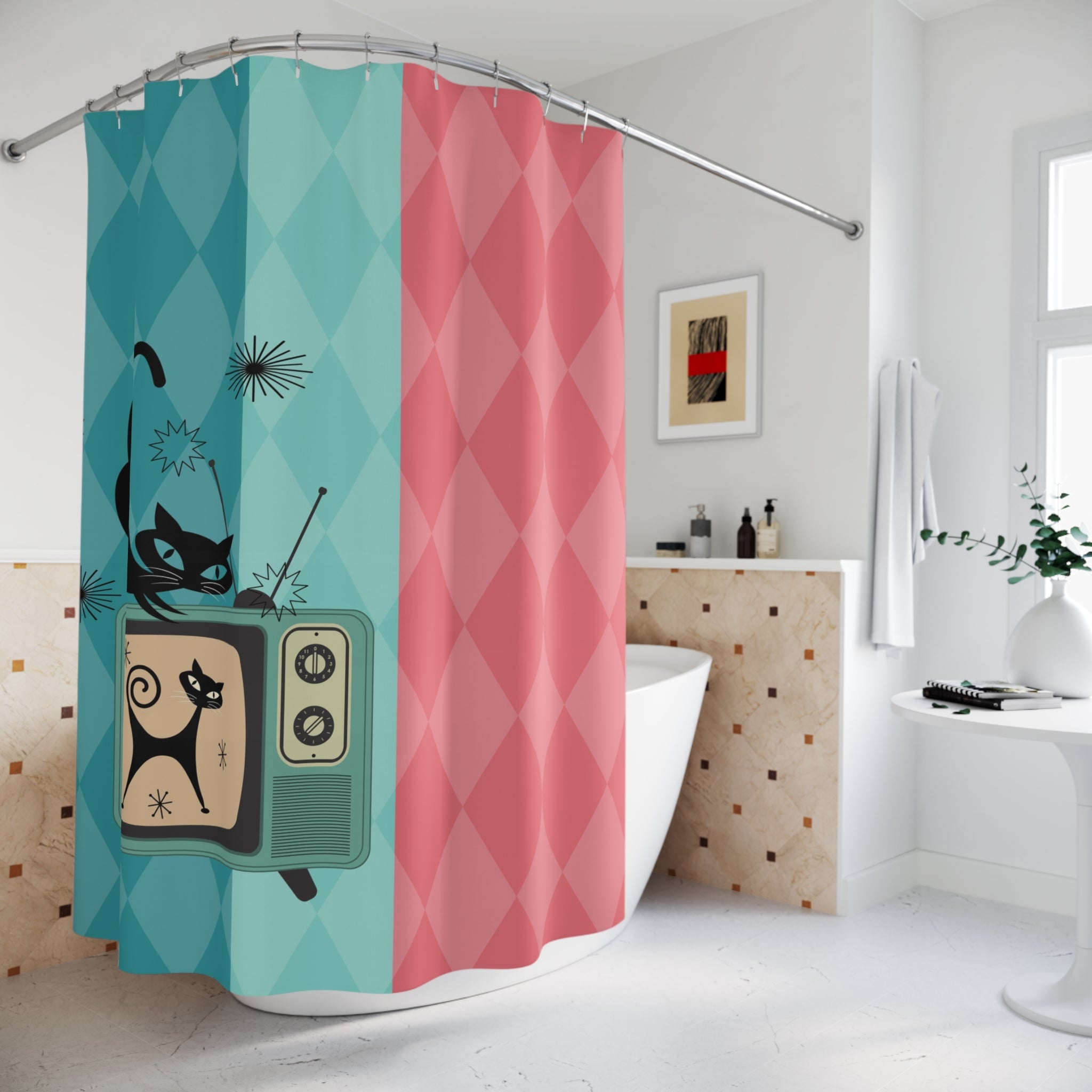 Atomic Kitschy Cat, Mid Mod Pink, Teal, Mint Green, Retro Shower Curtain - Mid Century Modern Gal