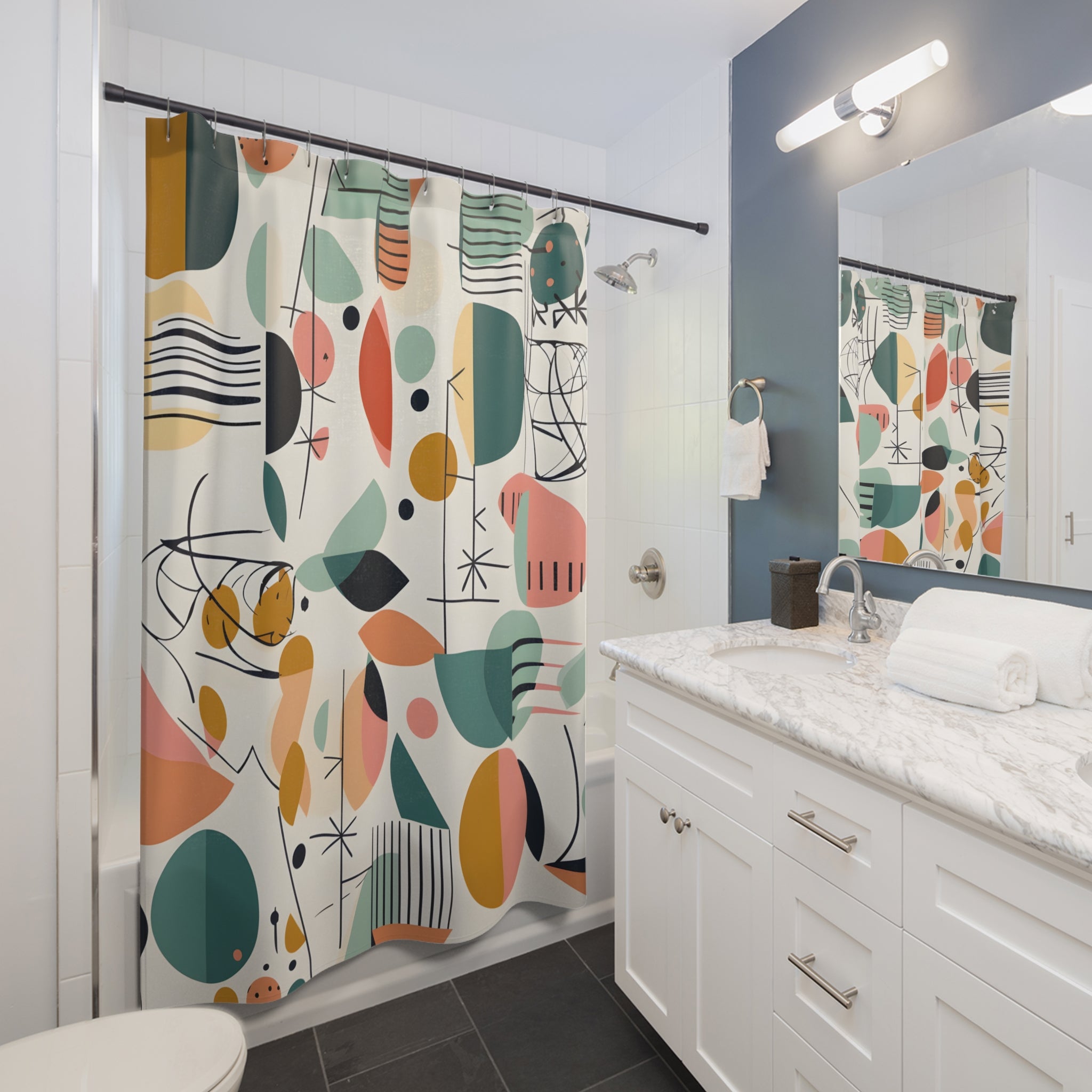 Mid Century Modern Shower Curtain, Abstracts, Geometric, MCM Teal, Orange, Colorful Design - Mid Century Modern Gal