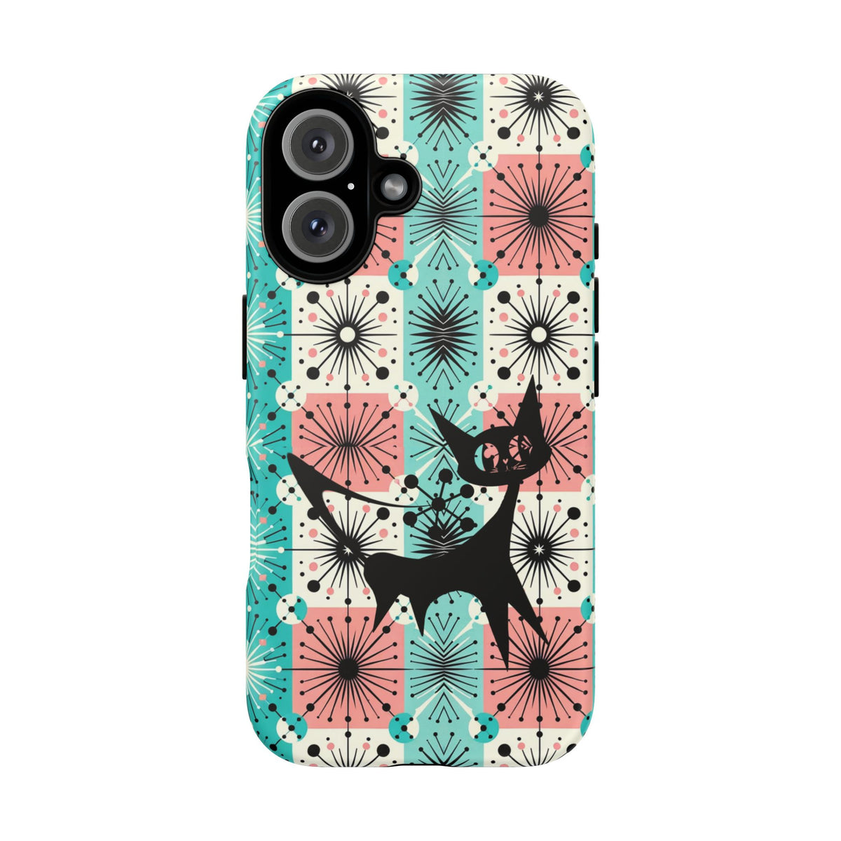 Atomic Kitschy Cat, Mid Century Modern Pink, Aqua Starbursts Tough Phone Case