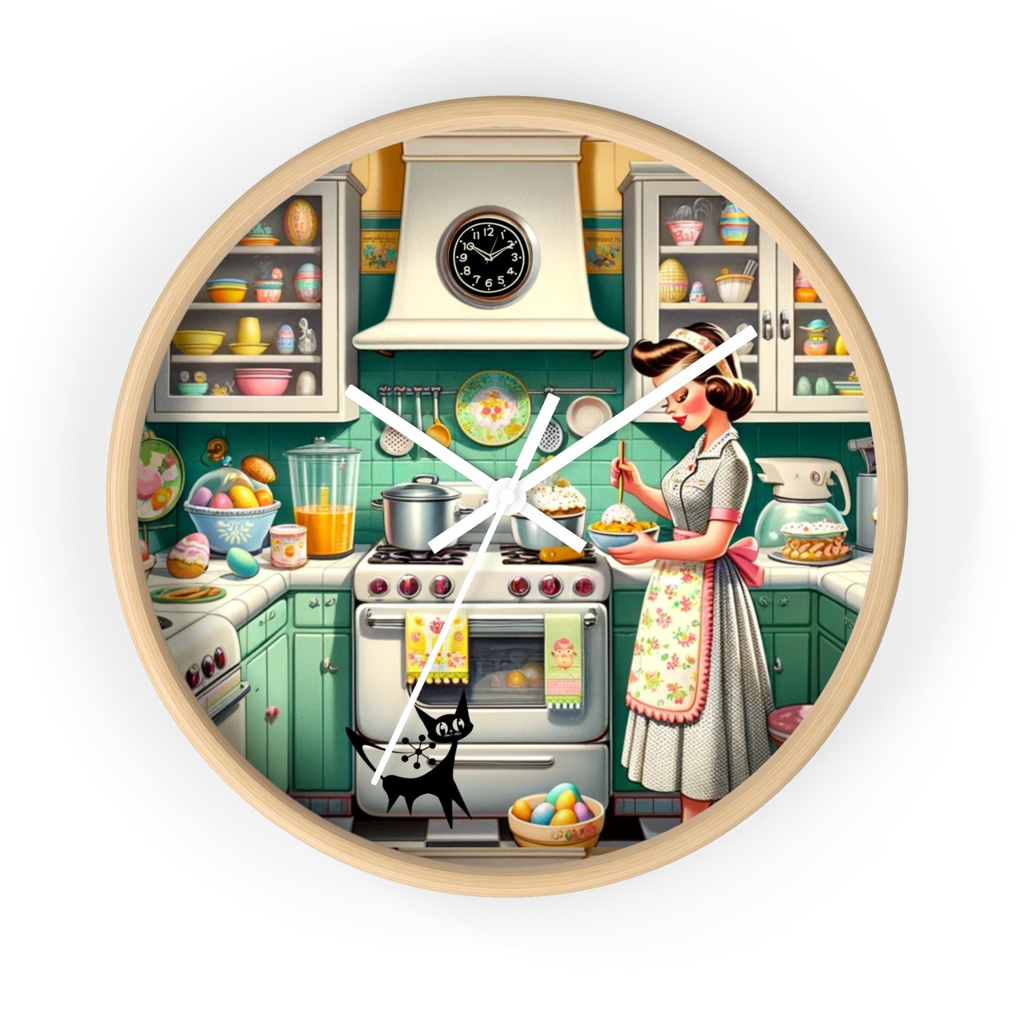 Vintage Kitschy Designed Mid Mod Gal Atomic Cat, Spring Wall Clock with Retro Cooking Design - Mid Century Modern Gal