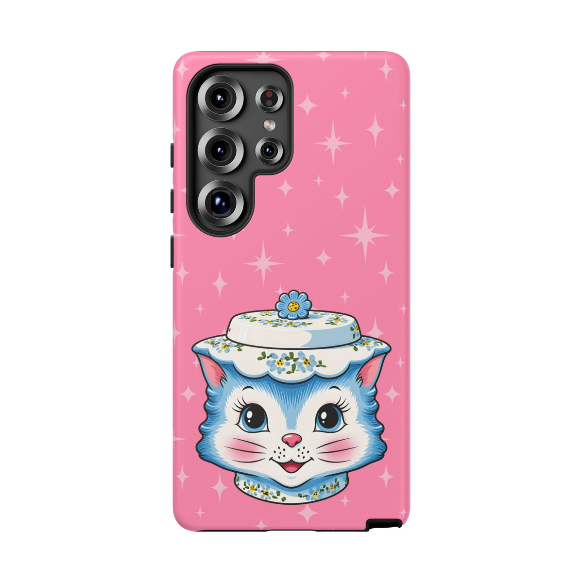 Mid Century Modern Kitschy Anthropomorphic Blue Cat with Floral Hat Tough Phone Case