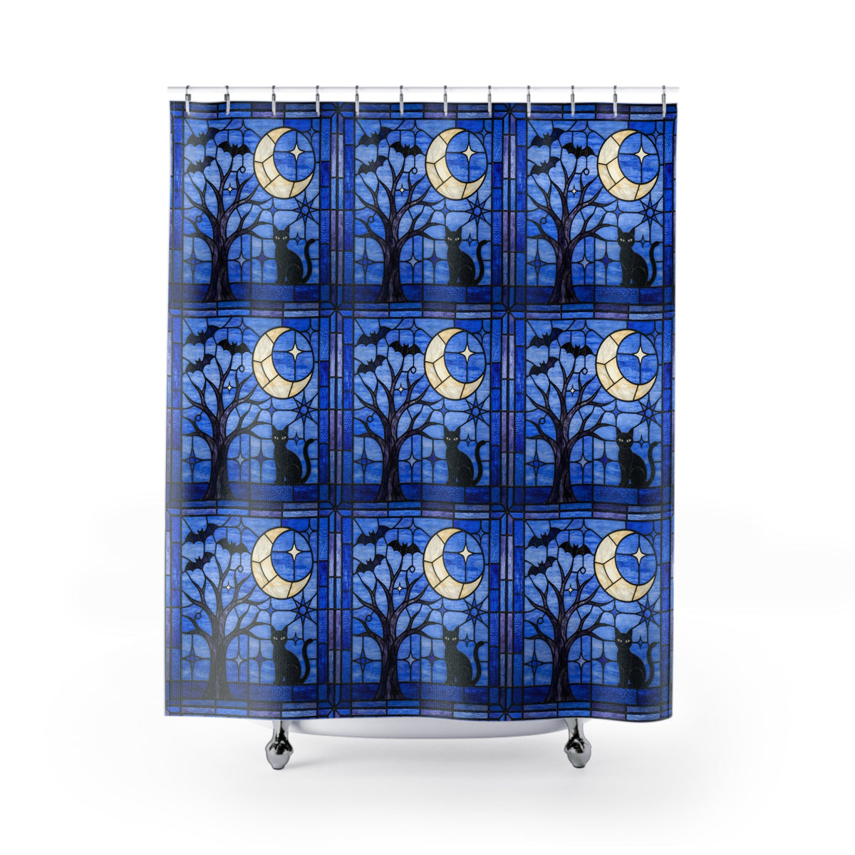 Halloween Stained Glass Style Night Sky Black Cat Shower Curtain - Mid Century Modern Gal