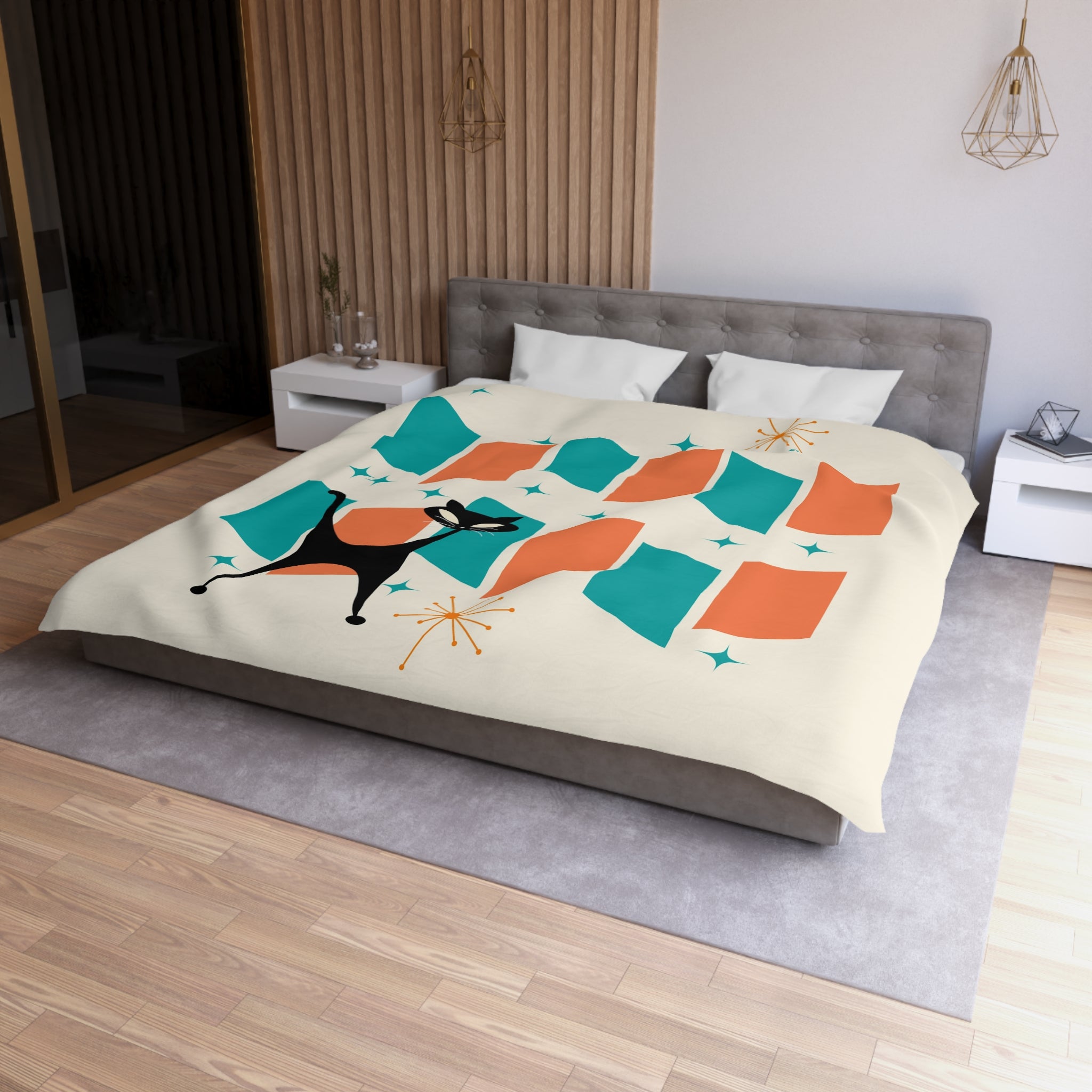 Mid Century Modern Orange, Teal, Retro Mod Duvet Cover With Atomic Cat Design - Mid Century Modern Gal