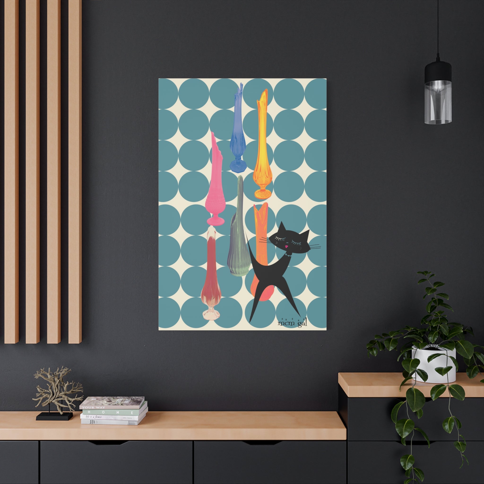Mid Century Modern Wall Art, MCM Swung Glass Whimsical Cat Artwork Canvas - Mid Century Modern Gal