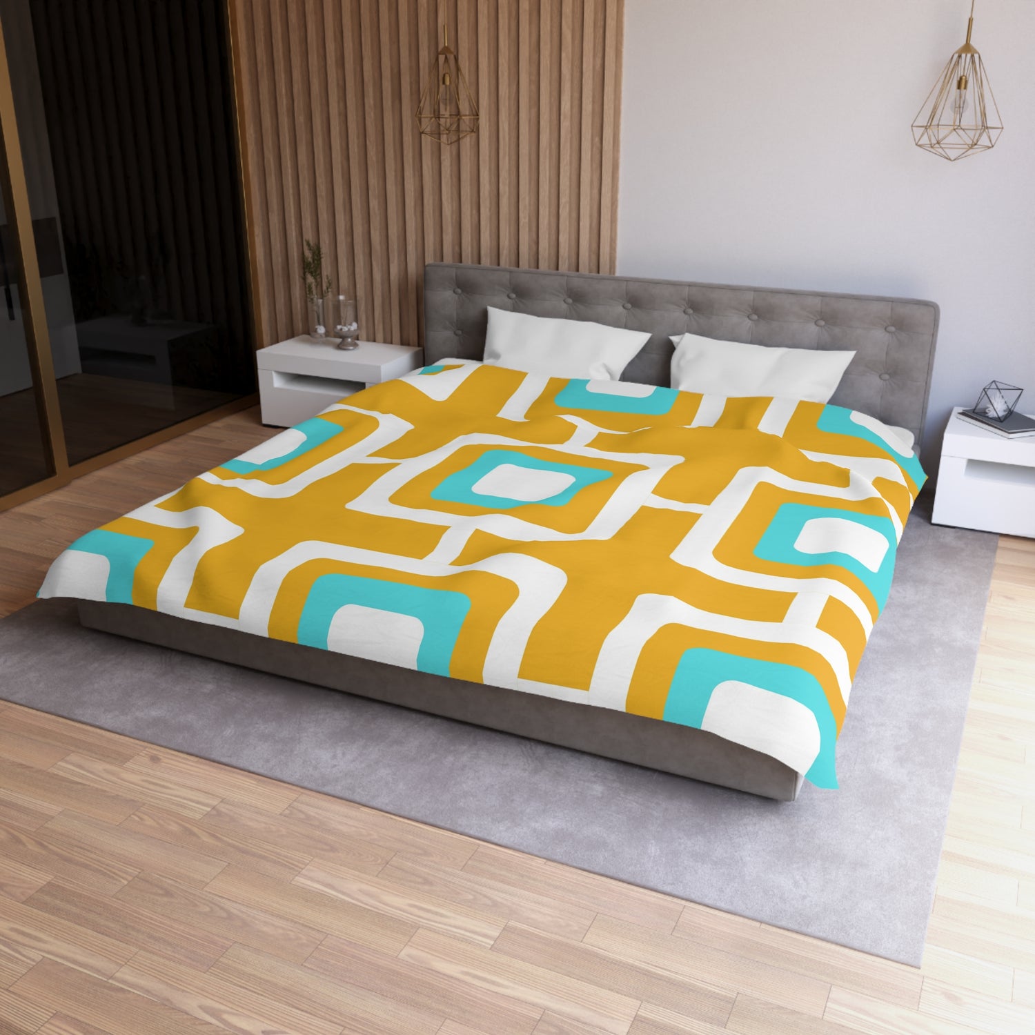 Mid Century Modern Mustard and Turquoise Geometric Retro MCM Home Microfiber Queen Or Twin Size Duvet Cover - Mid Century Modern Gal