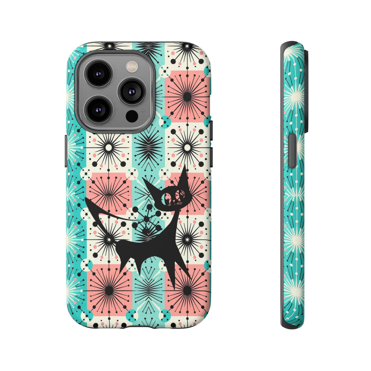 Atomic Kitschy Cat, Mid Century Modern Pink, Aqua Starbursts Tough Phone Case