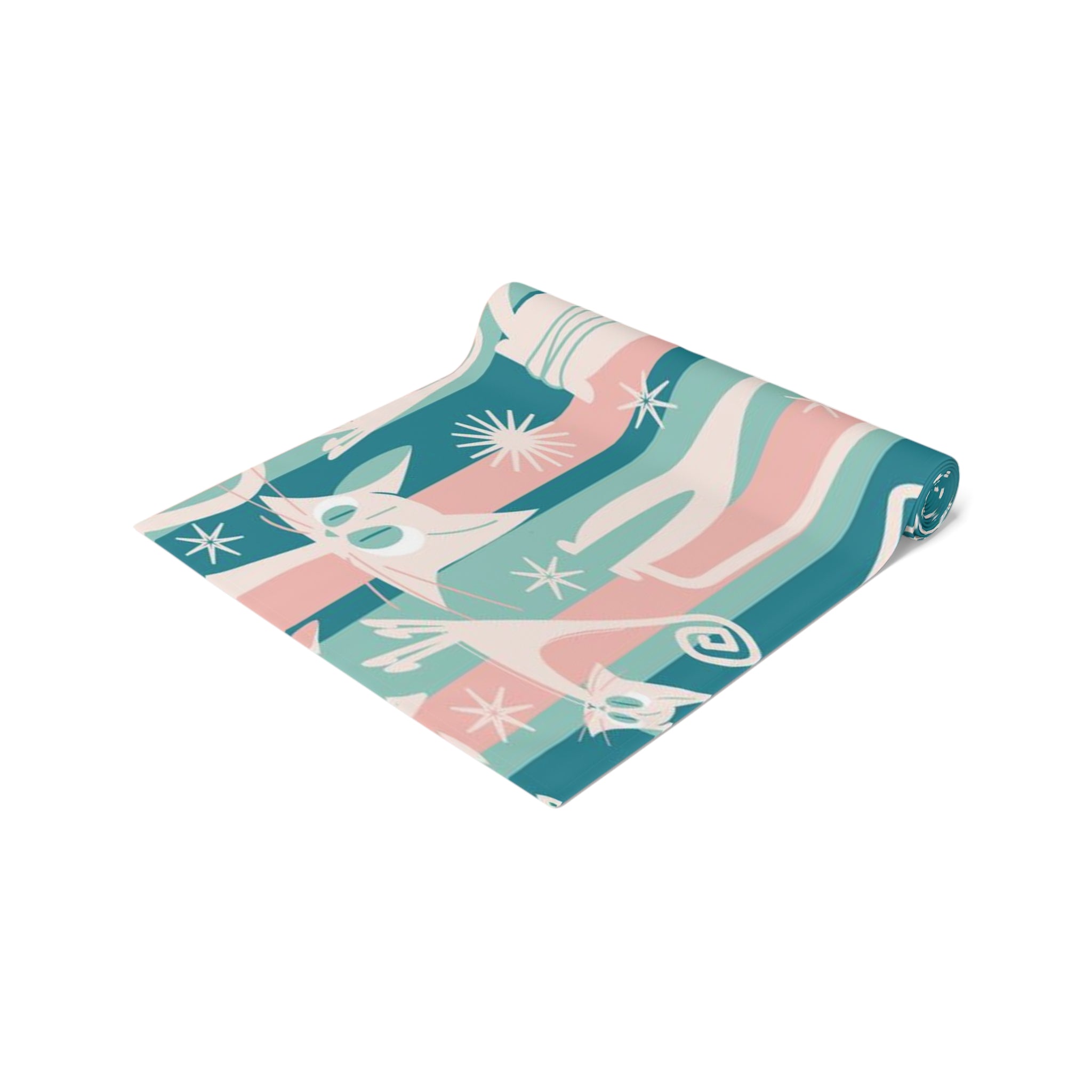 Kitschy Cat Cafe Aqua, Pink Bespoke Home Decor, Mid Century Modern Table Runner - Mid Century Modern Gal