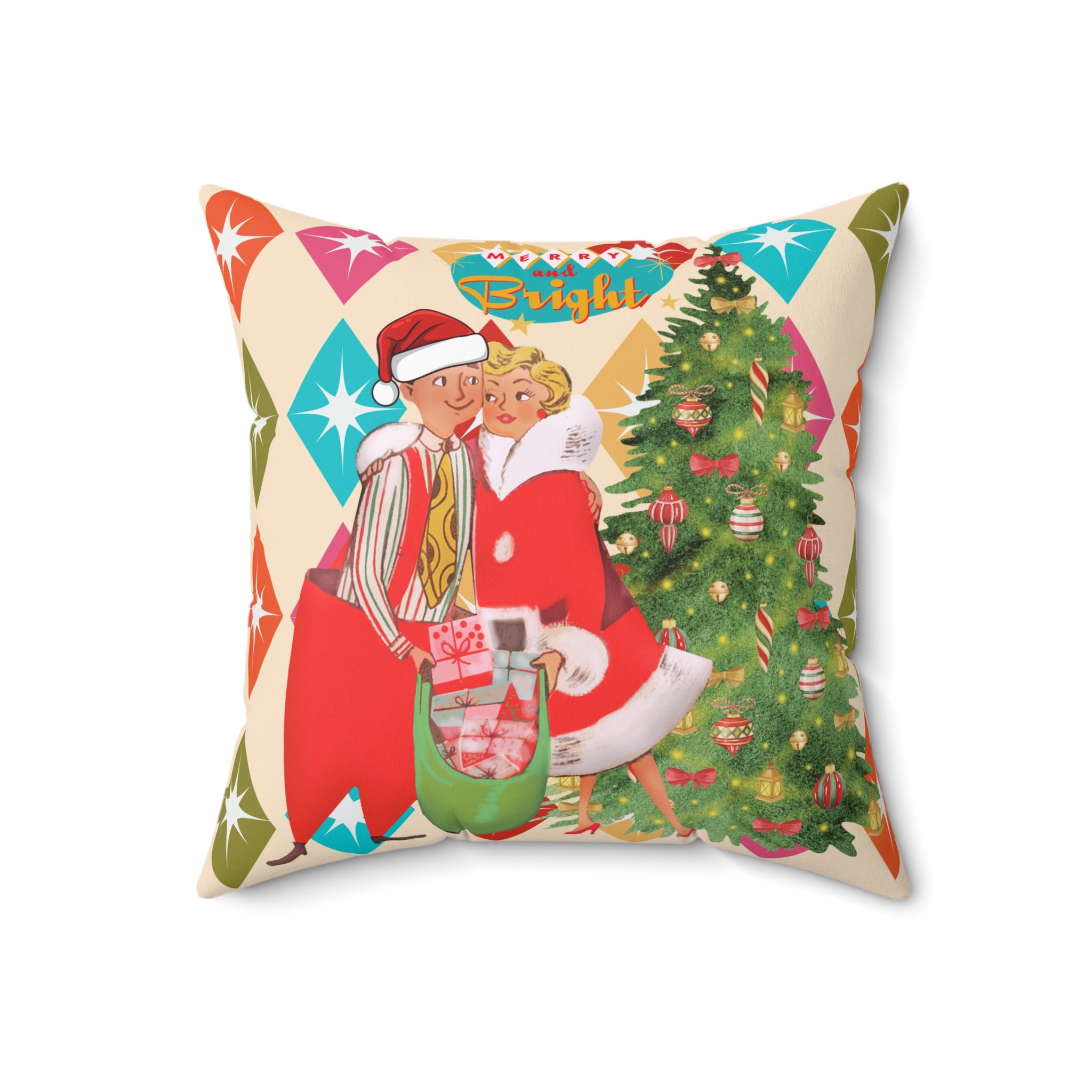 Vintage Christmas Square Pillow – Bright Holiday Decor - Mid Century Modern Gal